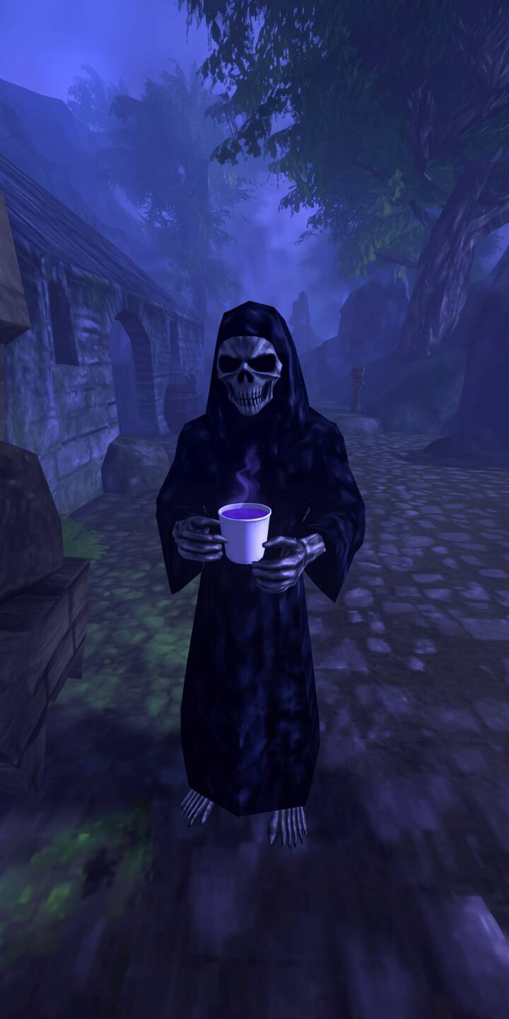 Purple steam rises from the mug held by the somber Grim Reaper, its skeletal face framed by a dark hood, making a haunting 4K wallpaper for iPhone. This eerie scene is perfect as a unique mobile wallpaper. | skeleton death iphone wallpaper mobile mystical 4k wallpaper hd wallpaper grim reaper dark fantasy eerie steaming mug Purple steam rises from the mug held by the somber Grim Reaper, its skeletal face framed by a dark hood, making a haunting 4K wallpaper for iPhone. This eerie scene is perfect as a unique mobile wallpaper.