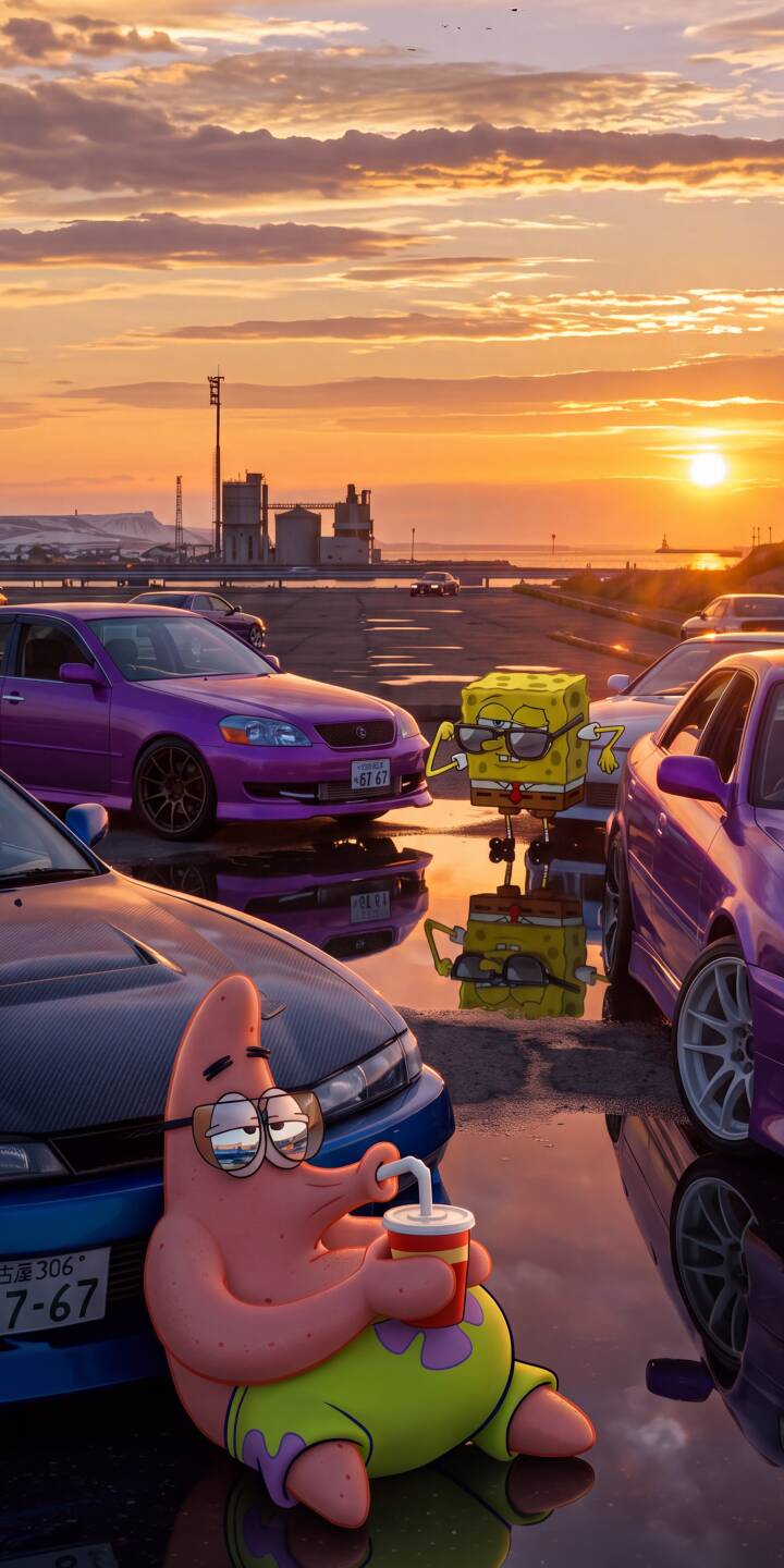 Patrick Star relaxes with a refreshing drink beside sleek purple tuner cars, bathed in the vibrant orange glow of a setting sun; this unique 4K wallpaper, featuring SpongeBob SquarePants' reflection on the wet ground, is an aesthetic must-have wallpaper for iPhone users. | spongebob sunset iphone wallpaper patrick star mobile spongebob squarepants 4k wallpaper hd wallpaper car meet reflections custom cars Patrick Star relaxes with a refreshing drink beside sleek purple tuner cars, bathed in the vibrant orange glow of a setting sun; this unique 4K wallpaper, featuring SpongeBob SquarePants' reflection on the wet ground, is an aesthetic must-have wallpaper for iPhone users.