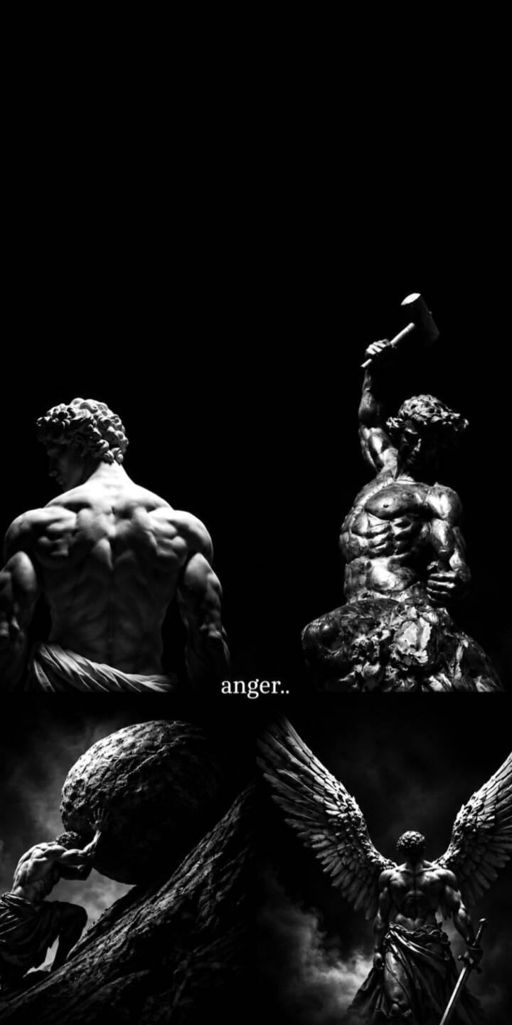 The potent word 'anger' underscores a compelling collage of classical statues in this intense black and white 4K wallpaper, featuring figures of struggle and creation perfect for any iPhone. | abstract dark The potent word 'anger' underscores a compelling collage of classical statues in this intense black and white 4K wallpaper, featuring figures of struggle and creation perfect for any iPhone.