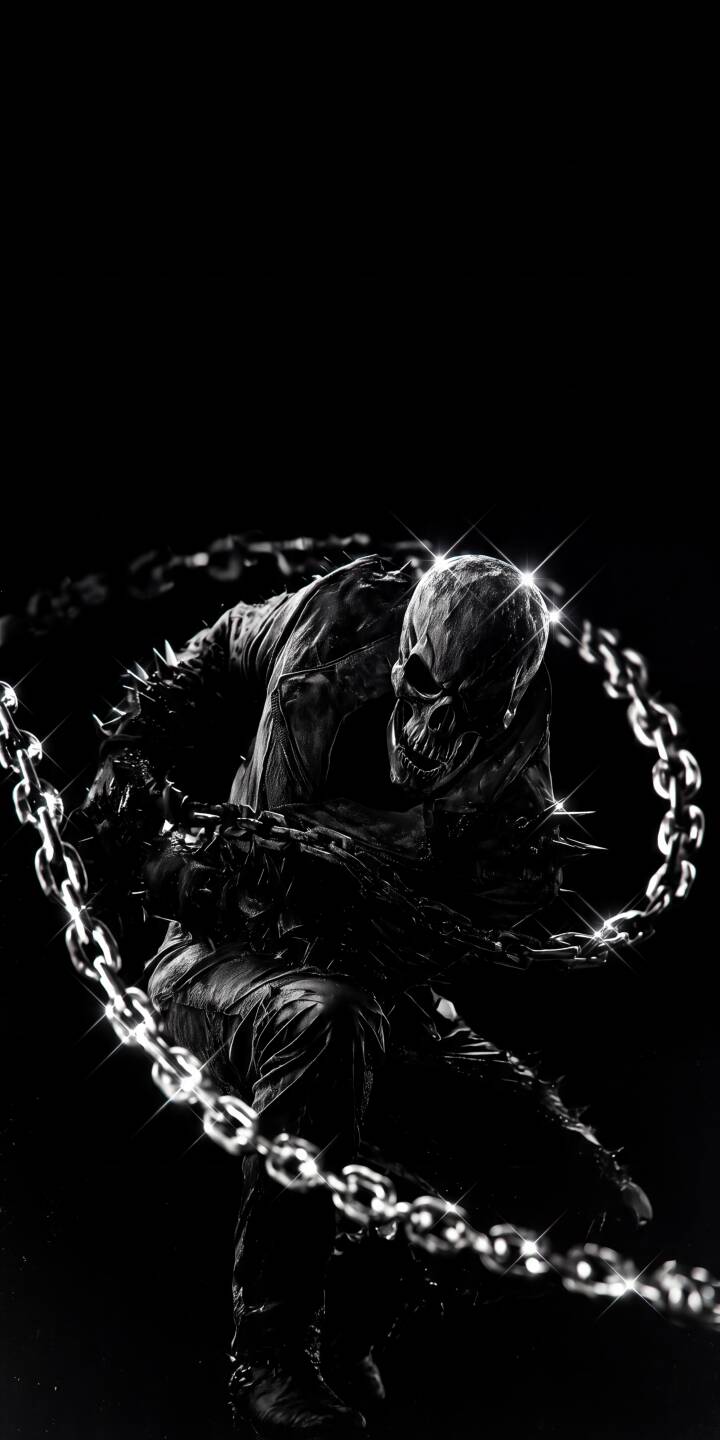 Sparkling chrome chains glisten brightly around Ghost Rider, who is captured in a powerful, crouched pose in this monochromatic 4K wallpaper. This intense Marvel wallpaper is a must-have for iPhone users seeking a dark and gritty aesthetic. | dark skull marvel iphone wallpaper black and white chains mobile marvel comics 4k wallpaper hd wallpaper ghost rider Sparkling chrome chains glisten brightly around Ghost Rider, who is captured in a powerful, crouched pose in this monochromatic 4K wallpaper. This intense Marvel wallpaper is a must-have for iPhone users seeking a dark and gritty aesthetic.
