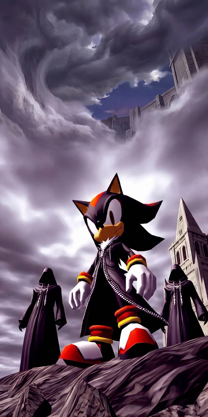 Shadow the Hedgehog stares intently, clad in his black zippered coat, surrounded by three mysterious cloaked figures under swirling, ominous clouds in this epic 4K wallpaper. This stunning wallpaper is perfect for any iPhone to showcase Shadow's dark aesthetic. | dark shadow iphone sonic wallpaper mobile 4k wallpaper hd wallpaper epic mysterious shadow the hedgehog organization xiii Shadow the Hedgehog stares intently, clad in his black zippered coat, surrounded by three mysterious cloaked figures under swirling, ominous clouds in this epic 4K wallpaper. This stunning wallpaper is perfect for any iPhone to showcase Shadow's dark aesthetic.