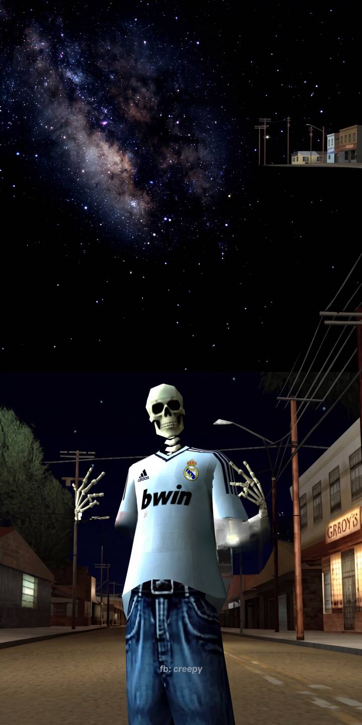 A skeletal figure, oddly sporting a Real Madrid jersey and jeans, stands under a breathtaking 4K galaxy-filled night sky, creating a surreal and eerie digital art wallpaper perfect for your iPhone. This unique street scene is an unmissable wallpaper for fans of distinctive and mysterious aesthetics. | street art skeleton night sky creepy iphone galaxy real madrid wallpaper mobile digital art 4k wallpaper hd wallpaper A skeletal figure, oddly sporting a Real Madrid jersey and jeans, stands under a breathtaking 4K galaxy-filled night sky, creating a surreal and eerie digital art wallpaper perfect for your iPhone. This unique street scene is an unmissable wallpaper for fans of distinctive and mysterious aesthetics.