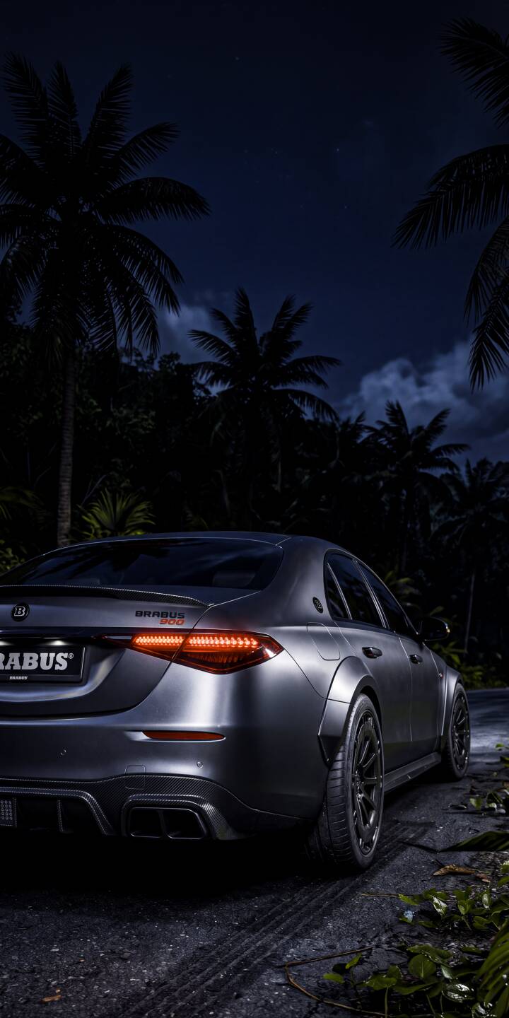 The matte grey Brabus S-Class gleams under a starlit jungle sky, its glowing red taillights hinting at power in this stunning 4K wallpaper. This dynamic wallpaper for iPhone enthusiasts captures the luxury car's mysterious allure. | dark night iphone jungle wallpaper mobile luxury car s-class 4k wallpaper hd wallpaper automotive brabus The matte grey Brabus S-Class gleams under a starlit jungle sky, its glowing red taillights hinting at power in this stunning 4K wallpaper. This dynamic wallpaper for iPhone enthusiasts captures the luxury car's mysterious allure.
