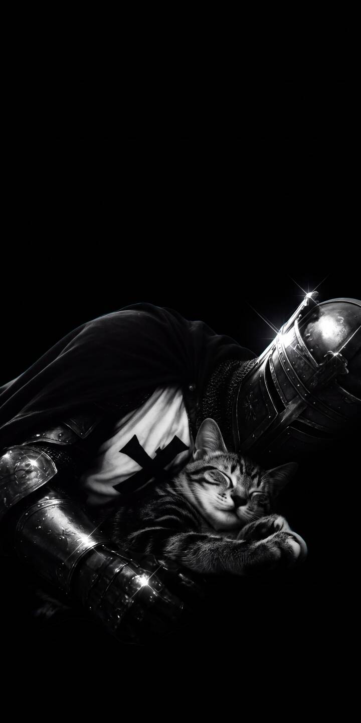 A powerful, armored Templar knight gently cradles a peacefully sleeping tabby cat in this striking monochrome 4K wallpaper, making it an epic wallpaper for iPhone users. | aesthetic cat knight medieval iphone wallpaper black and white mobile 4k wallpaper hd wallpaper sleeping cat templar A powerful, armored Templar knight gently cradles a peacefully sleeping tabby cat in this striking monochrome 4K wallpaper, making it an epic wallpaper for iPhone users.