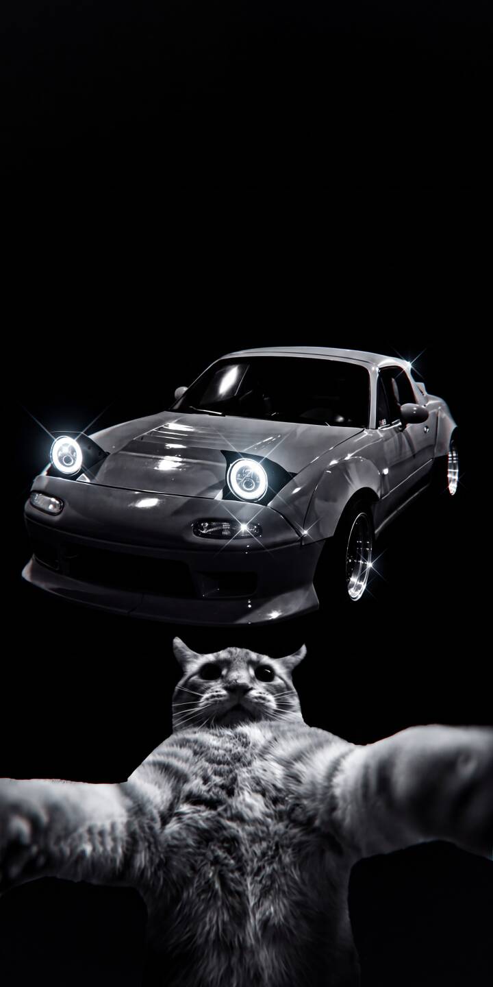 A wide-faced cat appears to take a selfie with outstretched arms beneath a sleek gray Mazda Miata, its bright pop-up headlights glowing intensely, making for a uniquely humorous 4K wallpaper. This playful wallpaper is a perfect fit for any iPhone user seeking a fun and automotive-themed background. | meme funny car dark cat iphone wallpaper miata mobile 4k wallpaper hd wallpaper automotive A wide-faced cat appears to take a selfie with outstretched arms beneath a sleek gray Mazda Miata, its bright pop-up headlights glowing intensely, making for a uniquely humorous 4K wallpaper. This playful wallpaper is a perfect fit for any iPhone user seeking a fun and automotive-themed background.