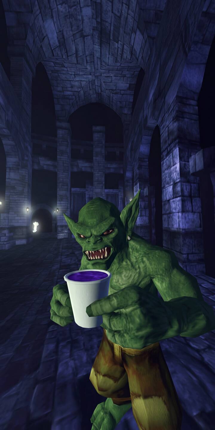 With a malevolent grin and sharp fangs, a sinister green goblin clutches a cup of shimmering purple liquid amidst the shadowy arches of a dungeon in this captivating 4K wallpaper - an ideal iPhone wallpaper for fantasy fans. | monster iphone evil fantasy gaming wallpaper mobile 4k wallpaper hd wallpaper dungeon goblin purple drink With a malevolent grin and sharp fangs, a sinister green goblin clutches a cup of shimmering purple liquid amidst the shadowy arches of a dungeon in this captivating 4K wallpaper - an ideal iPhone wallpaper for fantasy fans.