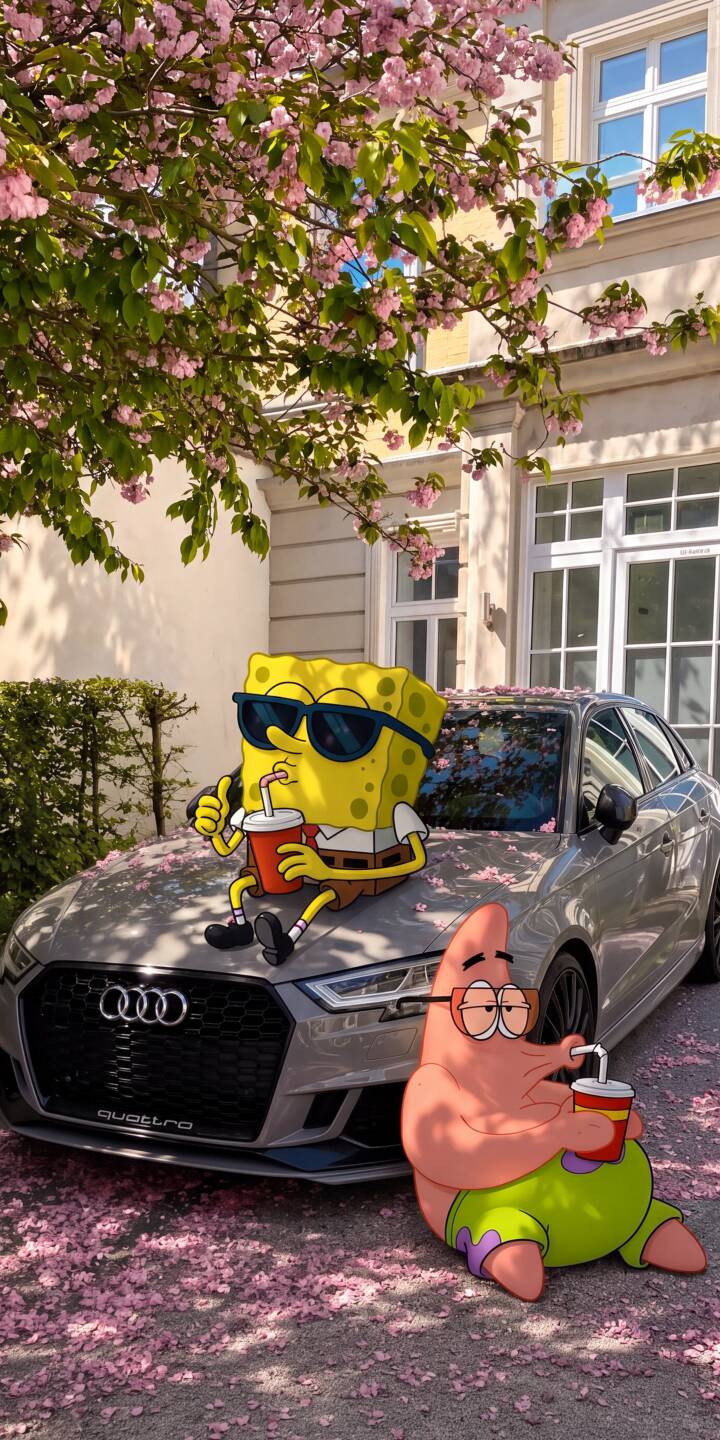 Spongebob Squarepants in cool sunglasses sips a drink while perched on a sleek gray Audi, with Patrick Star chilling beside him among scattered pink cherry blossom petals, making this vibrant 4K wallpaper an ideal iPhone wallpaper for fans. | cartoon aesthetic spongebob patrick iphone audi wallpaper mobile spongebob squarepants 4k wallpaper hd wallpaper cherry blossoms Spongebob Squarepants in cool sunglasses sips a drink while perched on a sleek gray Audi, with Patrick Star chilling beside him among scattered pink cherry blossom petals, making this vibrant 4K wallpaper an ideal iPhone wallpaper for fans.
