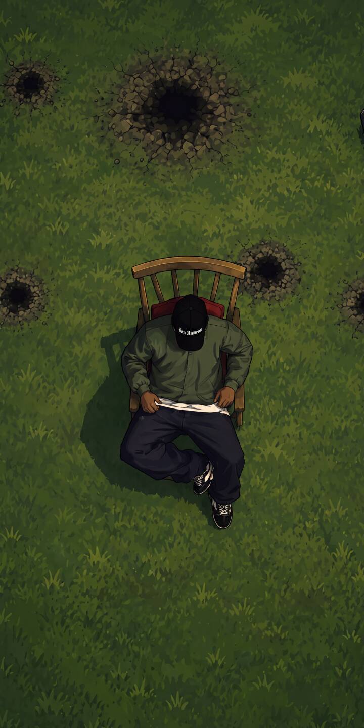A distinct overhead perspective reveals a person wearing a 'No Regrets' cap, seated calmly in a wooden chair surrounded by numerous dark holes scattered across a vibrant green field in this unique 4K wallpaper. This intriguing scene makes an excellent mobile wallpaper for iPhone, offering a serene yet thought-provoking background. | illustration man chair iphone wallpaper mobile green field 4k wallpaper hd wallpaper overhead view no regrets cap holes A distinct overhead perspective reveals a person wearing a 'No Regrets' cap, seated calmly in a wooden chair surrounded by numerous dark holes scattered across a vibrant green field in this unique 4K wallpaper. This intriguing scene makes an excellent mobile wallpaper for iPhone, offering a serene yet thought-provoking background.
