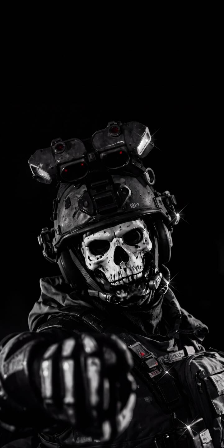 The stark white skull mask of Call of Duty's Ghost stands out against his dark tactical gear in this chilling 4K wallpaper, featuring detailed night vision goggles with glinting red lights. This intense military-themed wallpaper is a perfect fit for iPhone, bringing an intimidating presence to your mobile screen. | dark ghost skull iphone gaming wallpaper mobile cod call of duty 4k wallpaper hd wallpaper military The stark white skull mask of Call of Duty's Ghost stands out against his dark tactical gear in this chilling 4K wallpaper, featuring detailed night vision goggles with glinting red lights. This intense military-themed wallpaper is a perfect fit for iPhone, bringing an intimidating presence to your mobile screen.