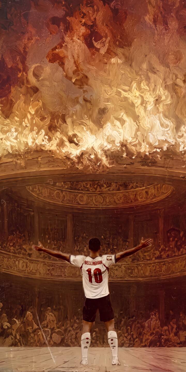 Fiery golden brushstrokes erupt above Jude Bellingham as he stands with arms outstretched to a roaring stadium crowd in this dramatic 4K wallpaper. This stunning football wallpaper is perfect for iPhone users who admire epic sports moments. | football iphone soccer wallpaper jude bellingham bellingham mobile 4k wallpaper hd wallpaper epic dramatic fiery art Fiery golden brushstrokes erupt above Jude Bellingham as he stands with arms outstretched to a roaring stadium crowd in this dramatic 4K wallpaper. This stunning football wallpaper is perfect for iPhone users who admire epic sports moments.
