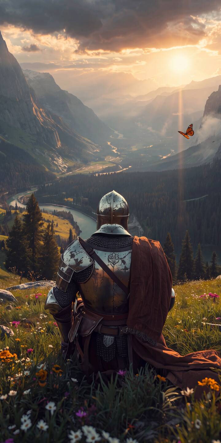 Golden sunlight illuminates a majestic mountain valley as an armored knight gazes across the serene landscape in this breathtaking 4K wallpaper, making it an ideal wallpaper for your iPhone. Wildflowers dot the foreground and a lone butterfly drifts near the radiant horizon, enhancing the contemplative mood. | landscape sunset knight medieval iphone nature fantasy wallpaper mobile 4k wallpaper hd wallpaper epic Golden sunlight illuminates a majestic mountain valley as an armored knight gazes across the serene landscape in this breathtaking 4K wallpaper, making it an ideal wallpaper for your iPhone. Wildflowers dot the foreground and a lone butterfly drifts near the radiant horizon, enhancing the contemplative mood.