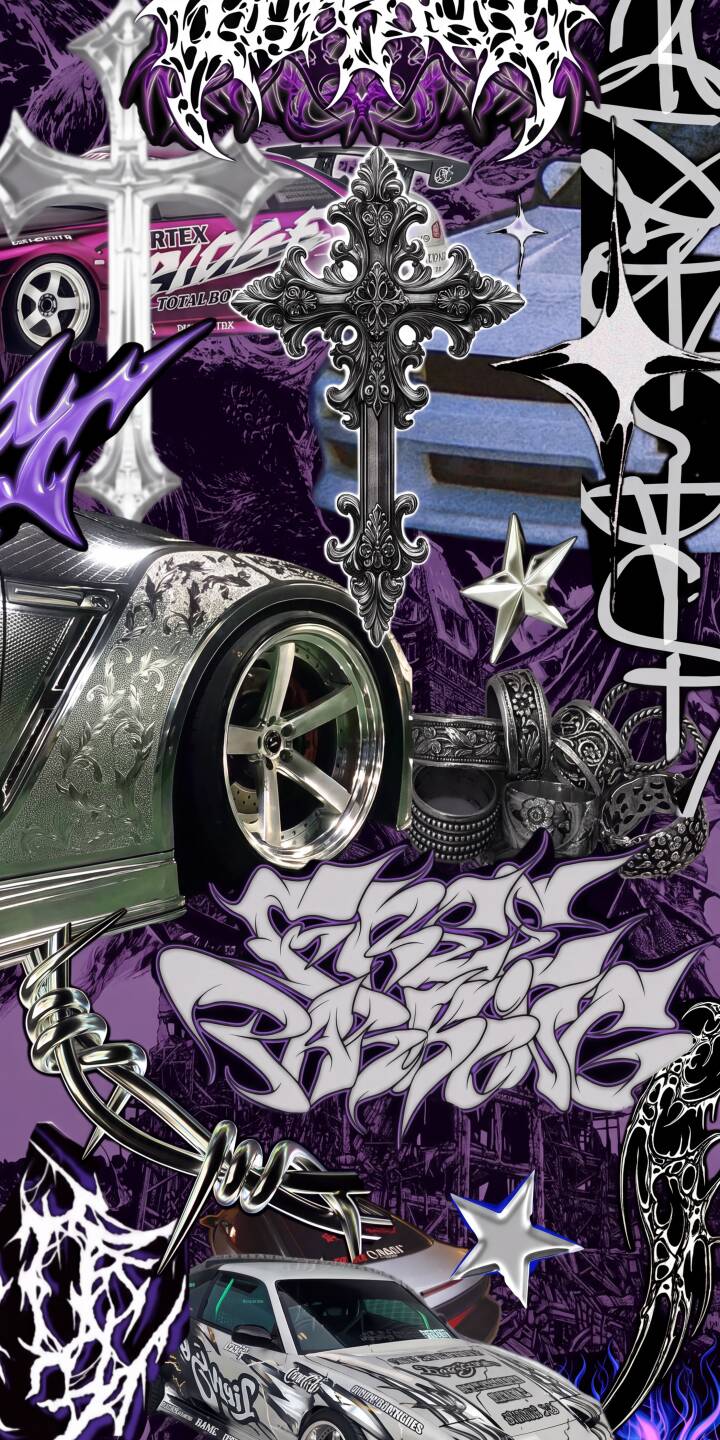 Gleaming chrome accents and ornate silver crosses stand out against vibrant purple tones and chaotic gothic typography in this intricate 4K collage wallpaper; it's an edgy, custom-designed iPhone wallpaper for fans of dark automotive aesthetics. | purple collage gothic chrome iphone wallpaper mobile 4k wallpaper hd wallpaper automotive street style dark art Gleaming chrome accents and ornate silver crosses stand out against vibrant purple tones and chaotic gothic typography in this intricate 4K collage wallpaper; it's an edgy, custom-designed iPhone wallpaper for fans of dark automotive aesthetics.
