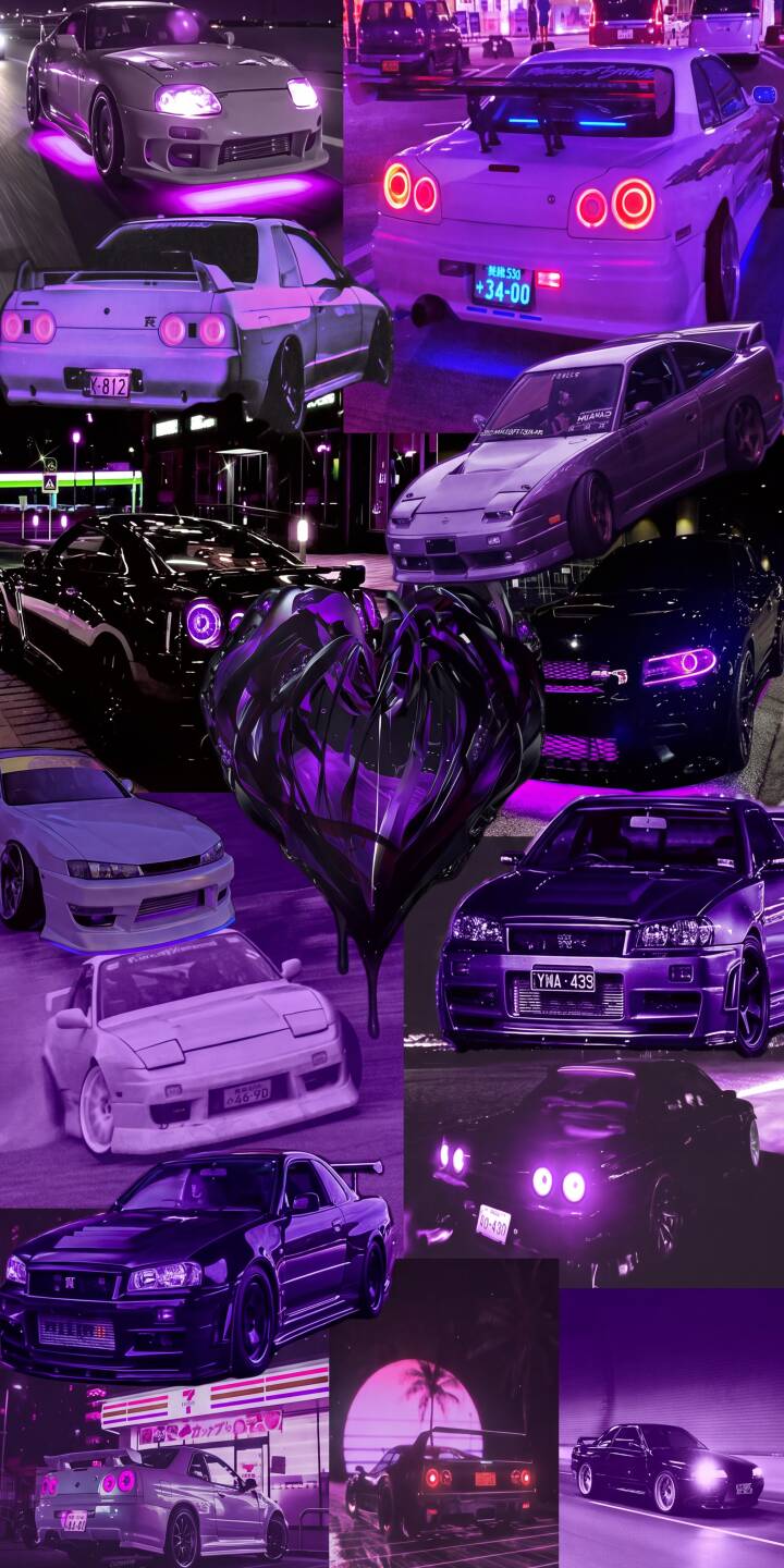 A striking dripping purple metallic heart takes center stage amidst a collage of iconic JDM cars like the Nissan Skyline and Toyota Supra, all bathed in vibrant neon purple lights. This stunning 4K wallpaper for iPhone is a perfect aesthetic wallpaper for car enthusiasts. | aesthetic purple neon skyline iphone synthwave wallpaper cars mobile 4k wallpaper hd wallpaper jdm A striking dripping purple metallic heart takes center stage amidst a collage of iconic JDM cars like the Nissan Skyline and Toyota Supra, all bathed in vibrant neon purple lights. This stunning 4K wallpaper for iPhone is a perfect aesthetic wallpaper for car enthusiasts.