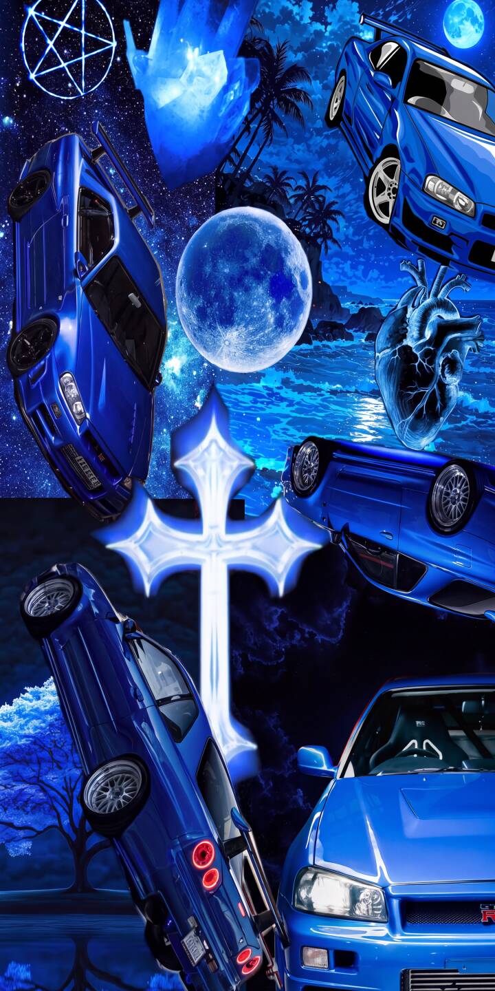 Deep blue hues dominate this surreal 4K wallpaper, featuring multiple Nissan Skyline GT-R R34 cars floating amidst a starry night sky with a prominent full moon. This stunning visual composite, complete with crashing ocean waves and mystical glowing symbols, makes an unforgettable wallpaper for iPhone enthusiasts. | aesthetic blue night iphone wallpaper nissan skyline mobile gtr r34 4k wallpaper hd wallpaper surreal jdm Deep blue hues dominate this surreal 4K wallpaper, featuring multiple Nissan Skyline GT-R R34 cars floating amidst a starry night sky with a prominent full moon. This stunning visual composite, complete with crashing ocean waves and mystical glowing symbols, makes an unforgettable wallpaper for iPhone enthusiasts.