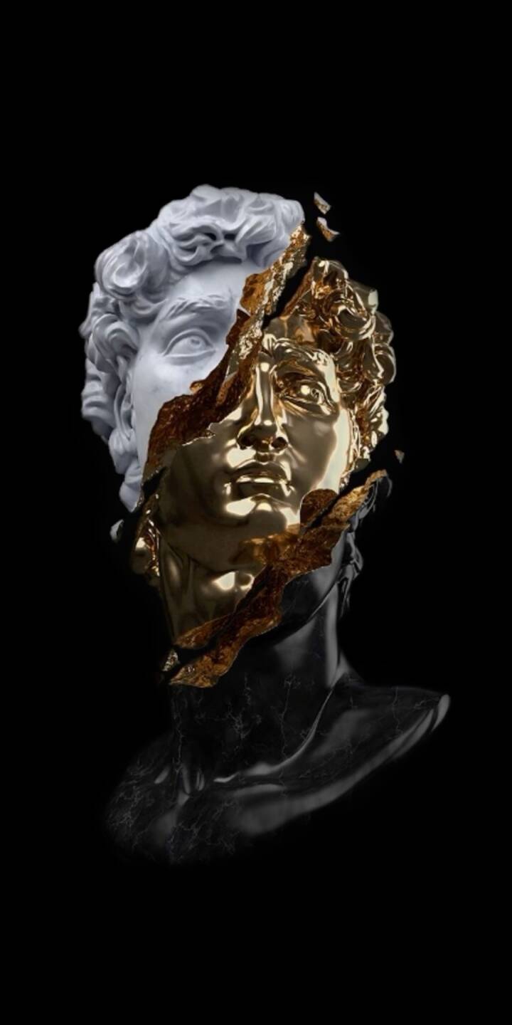 Fractured golden textures dramatically peel away from the classical white marble David bust, creating a stunning visual contrast against the dark background in this artistic 4K wallpaper. This striking dual-sided wallpaper is a perfect fit for any iPhone. | dark Fractured golden textures dramatically peel away from the classical white marble David bust, creating a stunning visual contrast against the dark background in this artistic 4K wallpaper. This striking dual-sided wallpaper is a perfect fit for any iPhone.
