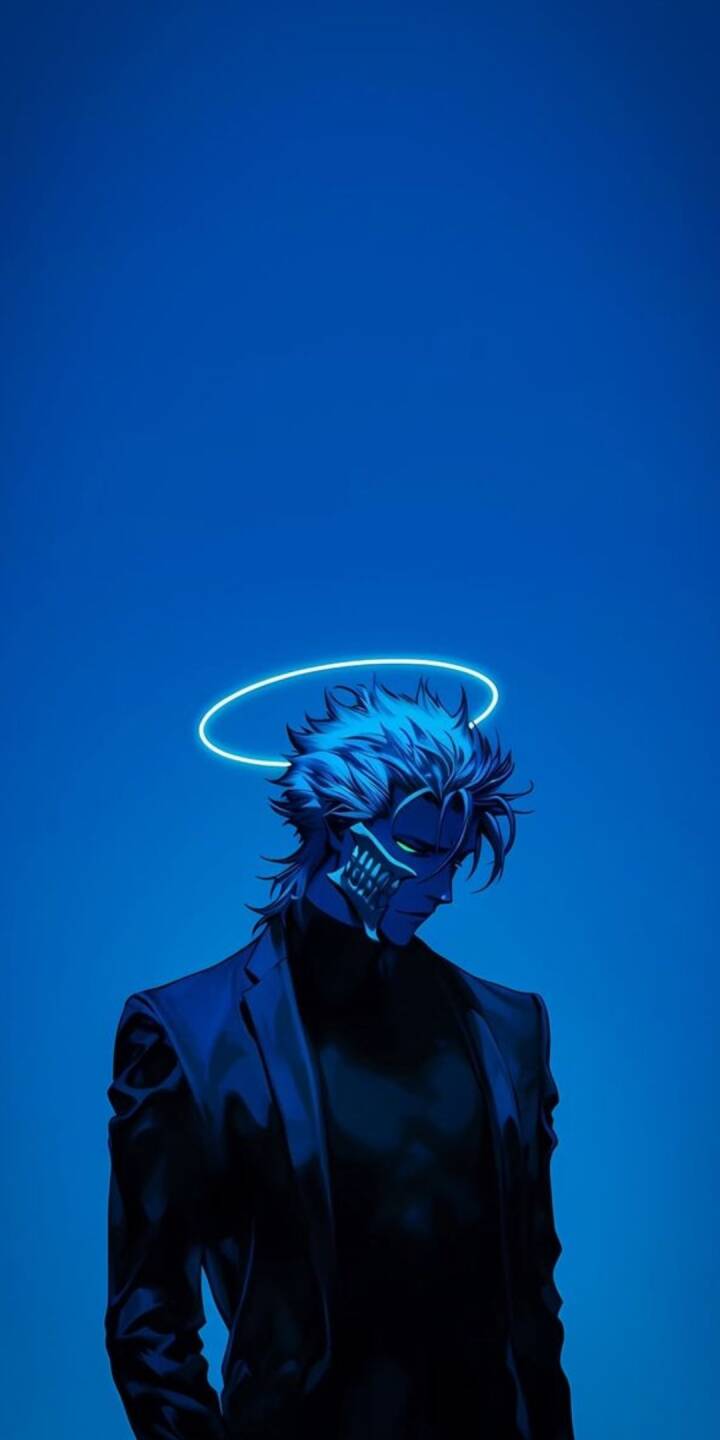 A striking neon halo glows above the mysterious blue-skinned figure, featuring a skeletal mask and intense green eyes in this captivating 4K anime wallpaper. This cool, monochromatic deep blue wallpaper is a must-have for your iPhone, offering a unique and aesthetic mobile background. | satoru gojo A striking neon halo glows above the mysterious blue-skinned figure, featuring a skeletal mask and intense green eyes in this captivating 4K anime wallpaper. This cool, monochromatic deep blue wallpaper is a must-have for your iPhone, offering a unique and aesthetic mobile background.