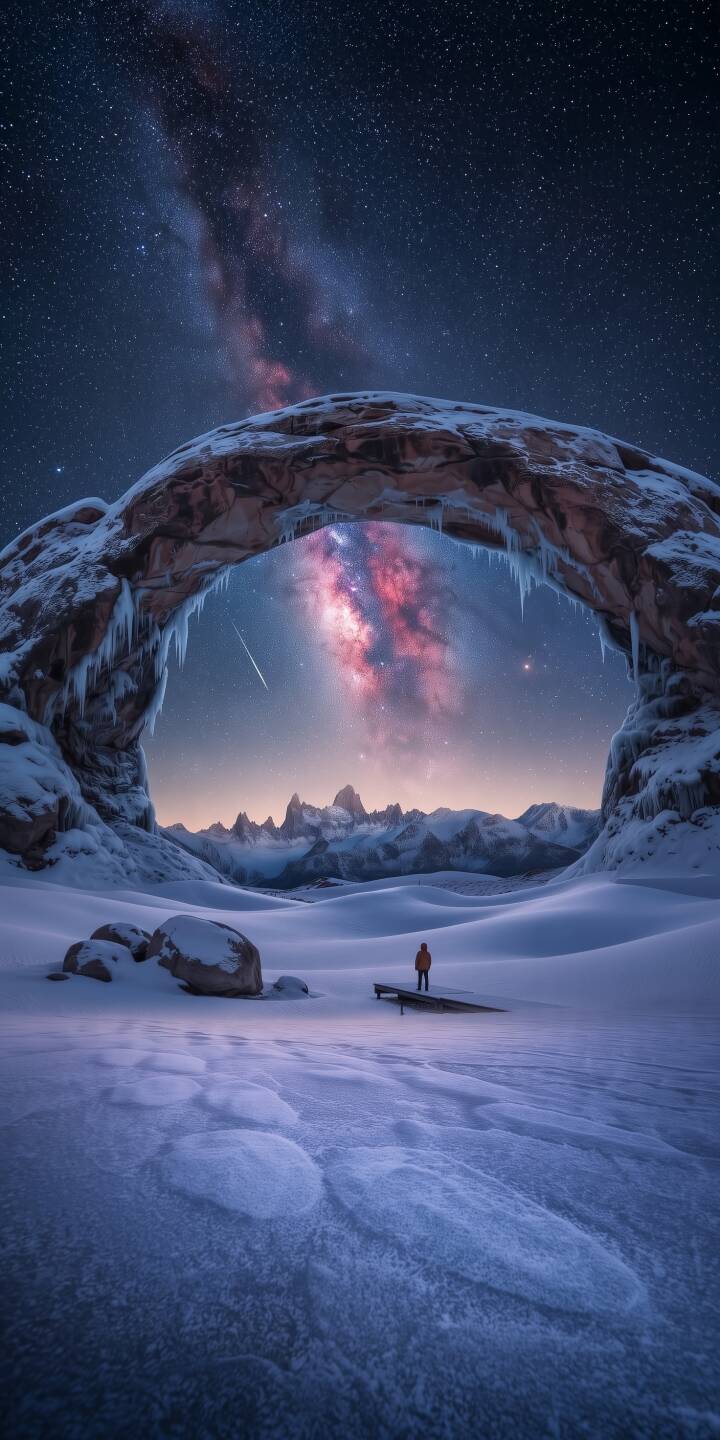 Vibrant red and pink nebulas of the Milky Way galaxy shine through a majestic snow-covered natural arch, adorned with sparkling icicles, creating an epic 4K wallpaper for iPhone. This breathtaking cosmic winter landscape, featuring a lone figure, is an essential wallpaper for any space or nature enthusiast. | snow night sky iphone nature wallpaper milky way mobile 4k wallpaper hd wallpaper winter landscape cosmic natural arch Vibrant red and pink nebulas of the Milky Way galaxy shine through a majestic snow-covered natural arch, adorned with sparkling icicles, creating an epic 4K wallpaper for iPhone. This breathtaking cosmic winter landscape, featuring a lone figure, is an essential wallpaper for any space or nature enthusiast.