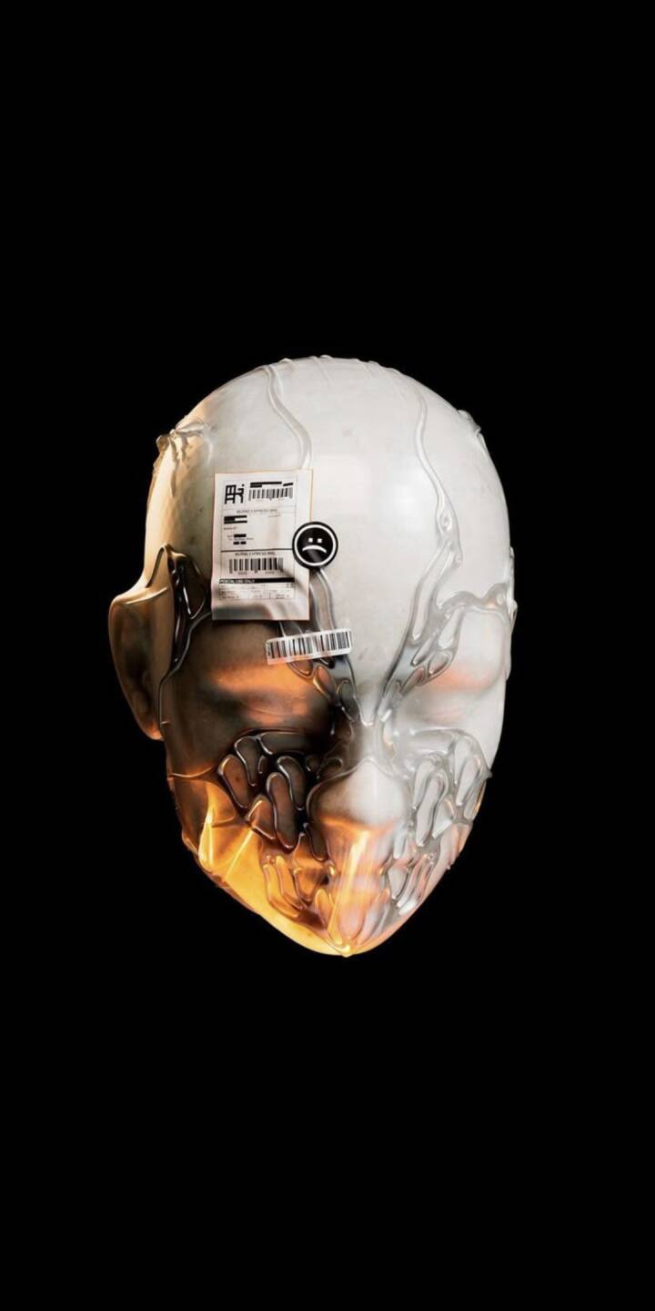 One half of this striking mask features an opaque white surface with digital labels and a sad face emoji, contrasting sharply with the other side's fiery orange glow revealing a cybernetic skull structure. This compelling 4K wallpaper offers a unique visual, perfect as an iPhone wallpaper. | theweeknd One half of this striking mask features an opaque white surface with digital labels and a sad face emoji, contrasting sharply with the other side's fiery orange glow revealing a cybernetic skull structure. This compelling 4K wallpaper offers a unique visual, perfect as an iPhone wallpaper.