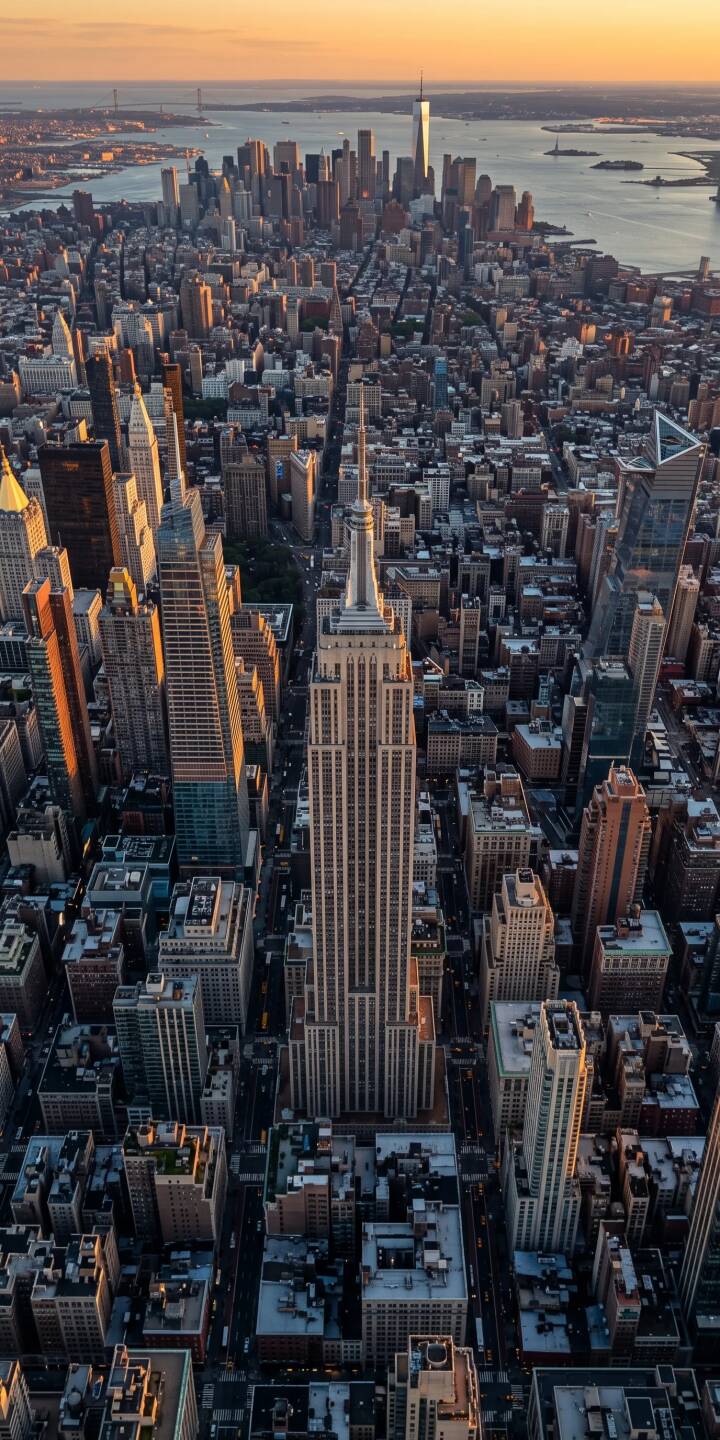 A breathtaking golden hour glow bathes the iconic Empire State Building and sprawling New York City skyline in this stunning 4K wallpaper, making it a perfect wallpaper for iPhone. | sunset empire state building iphone wallpaper mobile new york city nyc 4k wallpaper hd wallpaper manhattan aerial cityscape A breathtaking golden hour glow bathes the iconic Empire State Building and sprawling New York City skyline in this stunning 4K wallpaper, making it a perfect wallpaper for iPhone.