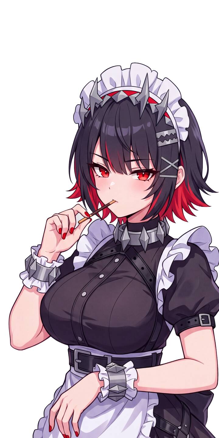 With a slight smirk, the anime girl in a gothic maid uniform enjoys a Pocky stick in this stunning 4K wallpaper. Her intense red eyes and spiked accessories make this an irresistible wallpaper for iPhone users. | anime gothic iphone wallpaper anime girl red eyes mobile maid 4k wallpaper hd wallpaper spikes pocky With a slight smirk, the anime girl in a gothic maid uniform enjoys a Pocky stick in this stunning 4K wallpaper. Her intense red eyes and spiked accessories make this an irresistible wallpaper for iPhone users.