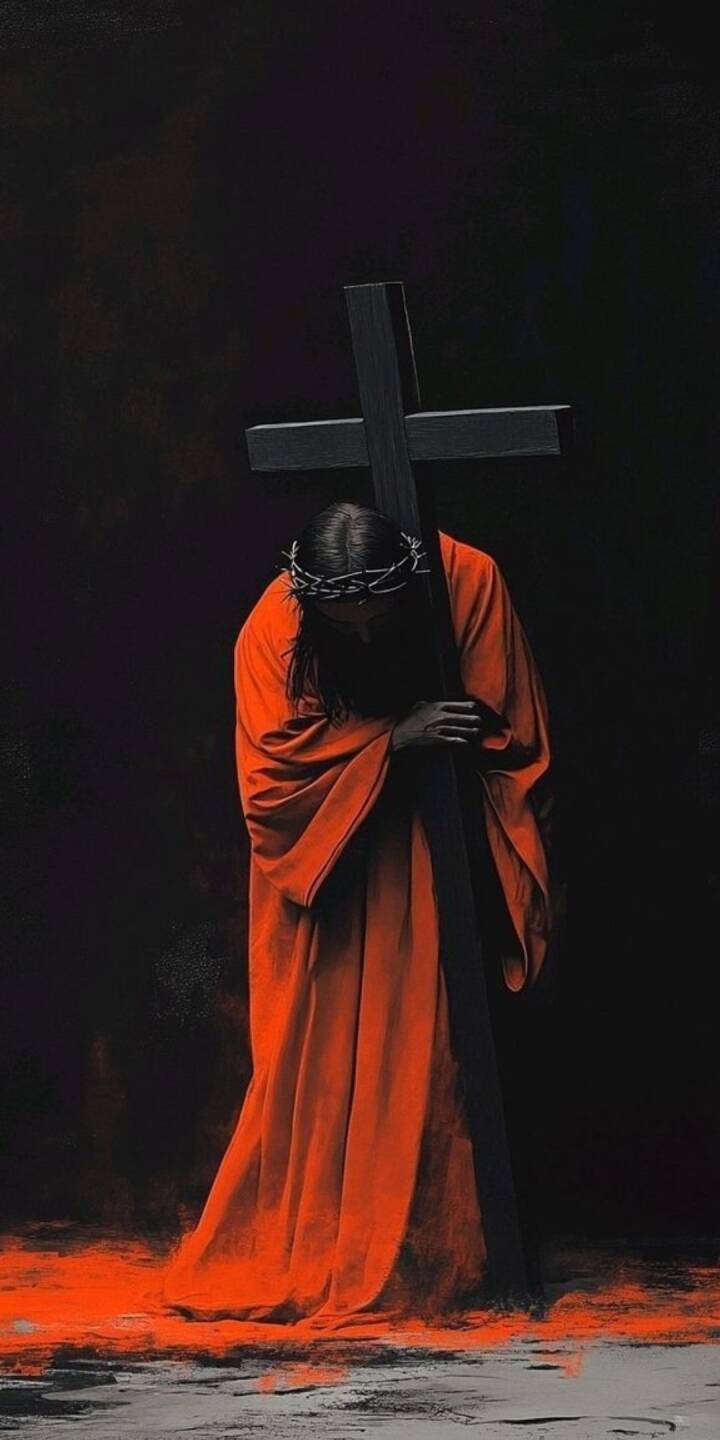 The vivid orange robe of Jesus stands out dramatically against the dark canvas as he carries the immense wooden cross, head bowed with a crown of thorns, in this powerful 4K wallpaper. This evocative wallpaper is a deeply moving choice for your iPhone. | jesus The vivid orange robe of Jesus stands out dramatically against the dark canvas as he carries the immense wooden cross, head bowed with a crown of thorns, in this powerful 4K wallpaper. This evocative wallpaper is a deeply moving choice for your iPhone.