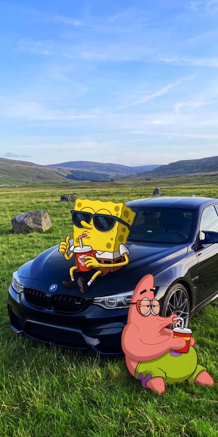 Spongebob Squarepants, donning cool sunglasses and giving a thumbs-up from atop a sleek black BMW, creates a hilariously unexpected scene alongside a relaxed Patrick Star in this vibrant 4K wallpaper. This amusing and unique wallpaper, set against a backdrop of rolling green hills, is a must-have for any iPhone user looking for a fun screensaver. | cartoon aesthetic meme funny iphone wallpaper patrick star mobile spongebob squarepants 4k wallpaper hd wallpaper bmw car Spongebob Squarepants, donning cool sunglasses and giving a thumbs-up from atop a sleek black BMW, creates a hilariously unexpected scene alongside a relaxed Patrick Star in this vibrant 4K wallpaper. This amusing and unique wallpaper, set against a backdrop of rolling green hills, is a must-have for any iPhone user looking for a fun screensaver.