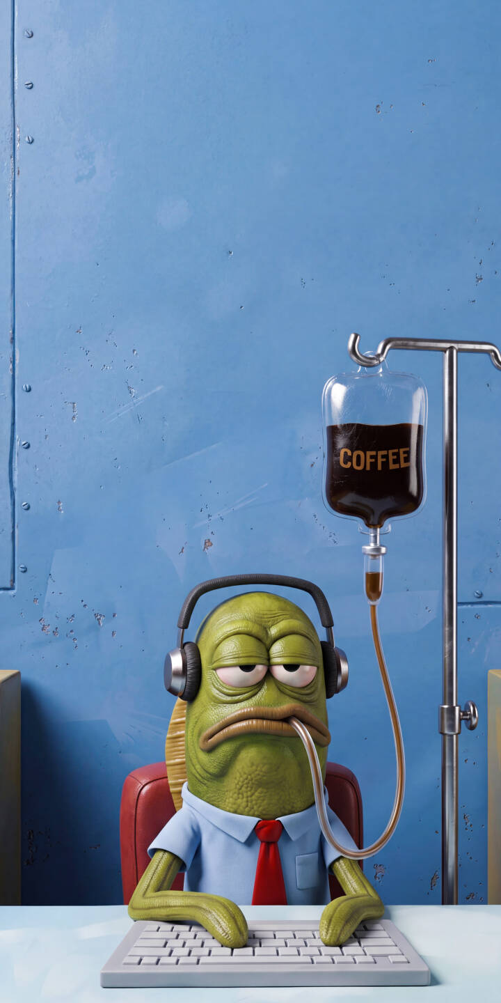 A perpetually tired green fish, complete with headphones and a grumpy expression, gets a direct coffee IV drip while typing at a desk in this amusing 4K wallpaper. This is the perfect iPhone wallpaper for anyone who needs their daily caffeine fix. | meme fish iphone wallpaper coffee mobile headphones 4k wallpaper hd wallpaper iv drip tired office humor A perpetually tired green fish, complete with headphones and a grumpy expression, gets a direct coffee IV drip while typing at a desk in this amusing 4K wallpaper. This is the perfect iPhone wallpaper for anyone who needs their daily caffeine fix.