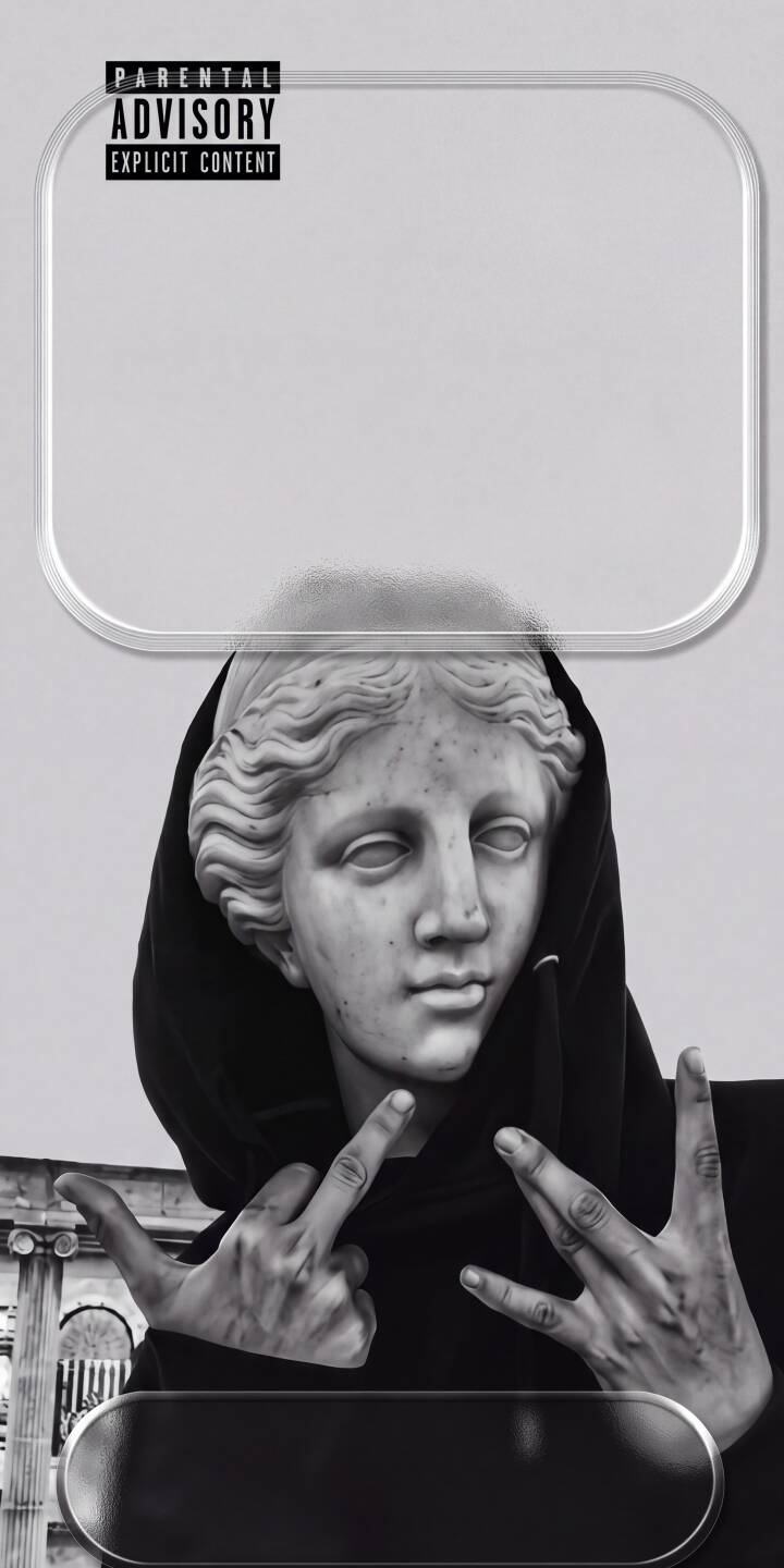 The bold "PARENTAL ADVISORY EXPLICIT CONTENT" label dominates the top of this striking 4K wallpaper, featuring a classical marble statue wearing a black hoodie and making irreverent hand gestures. This monochrome wallpaper creates an edgy, street-art vibe, making it a unique aesthetic choice for your iPhone. | street art hoodie statue iphone wallpaper mobile 4k wallpaper hd wallpaper monochrome parental advisory venus explicit content The bold "PARENTAL ADVISORY EXPLICIT CONTENT" label dominates the top of this striking 4K wallpaper, featuring a classical marble statue wearing a black hoodie and making irreverent hand gestures. This monochrome wallpaper creates an edgy, street-art vibe, making it a unique aesthetic choice for your iPhone.