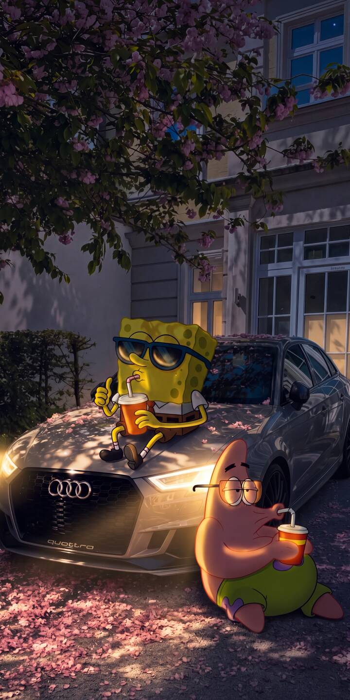 Spongebob, rocking cool sunglasses, relaxes on an Audi car while cherry blossoms fall around him in this stunning 4K wallpaper. This charming scene featuring Patrick and Spongebob is a perfect wallpaper for your iPhone. | cartoon friends aesthetic spongebob cherry blossom patrick iphone audi wallpaper mobile 4k wallpaper hd wallpaper Spongebob, rocking cool sunglasses, relaxes on an Audi car while cherry blossoms fall around him in this stunning 4K wallpaper. This charming scene featuring Patrick and Spongebob is a perfect wallpaper for your iPhone.