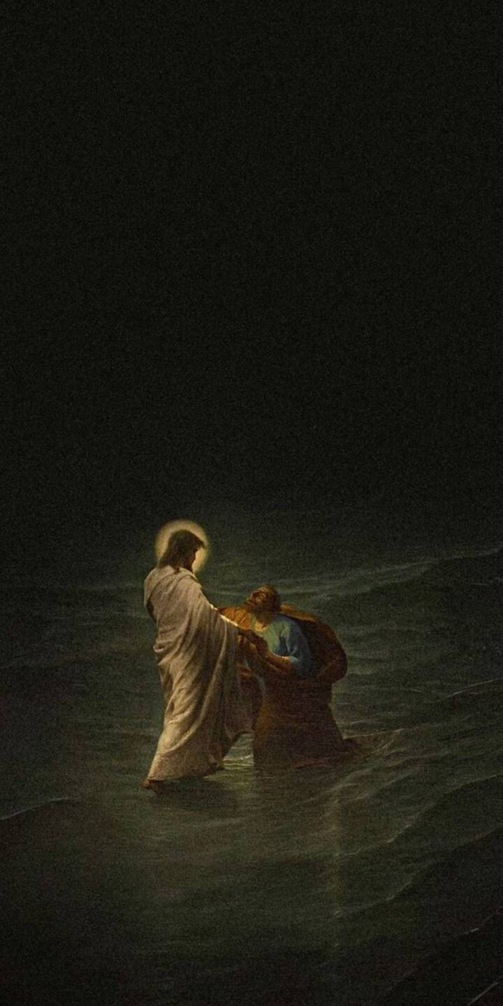 A luminous halo encircles Christ's head as He extends a guiding hand to the sinking Saint Peter amid dark, turbulent waters in this powerful 4K wallpaper — an inspiring wallpaper for iPhone users. | jesus A luminous halo encircles Christ's head as He extends a guiding hand to the sinking Saint Peter amid dark, turbulent waters in this powerful 4K wallpaper — an inspiring wallpaper for iPhone users.