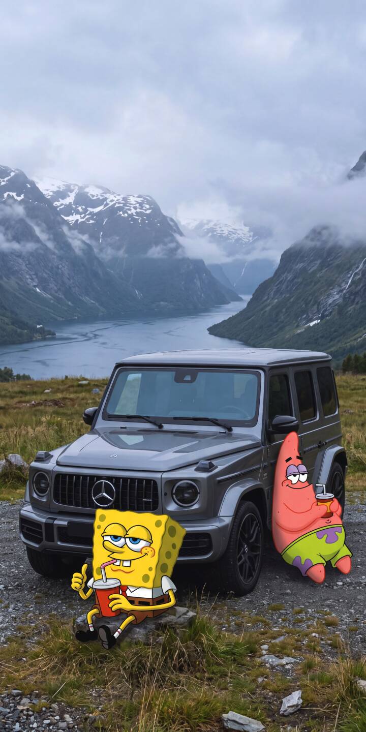 Mist-shrouded mountains loom over a serene fjord as SpongeBob and Patrick enjoy drinks beside a sleek grey Mercedes G-Wagon in this unique 4K wallpaper, making it a perfect iPhone wallpaper for fans of unexpected crossovers. | funny spongebob patrick iphone mercedes mountains wallpaper mobile 4k wallpaper hd wallpaper g wagon fjord Mist-shrouded mountains loom over a serene fjord as SpongeBob and Patrick enjoy drinks beside a sleek grey Mercedes G-Wagon in this unique 4K wallpaper, making it a perfect iPhone wallpaper for fans of unexpected crossovers.