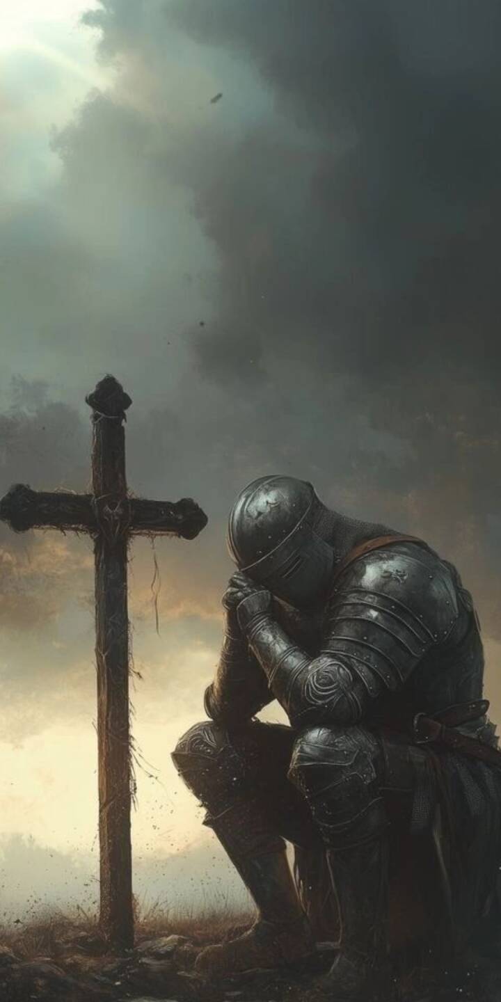 A solitary knight in gleaming plate armor kneels humbly by a rugged wooden cross under a dramatic, stormy sky, capturing a moment of profound reflection in this powerful 4K wallpaper. This evocative wallpaper is perfect for any iPhone, adding a deep, historical aesthetic to your device. | jesus A solitary knight in gleaming plate armor kneels humbly by a rugged wooden cross under a dramatic, stormy sky, capturing a moment of profound reflection in this powerful 4K wallpaper. This evocative wallpaper is perfect for any iPhone, adding a deep, historical aesthetic to your device.