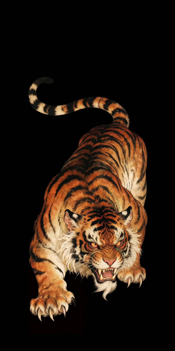 Fiery orange eyes blaze from this snarling tiger as it crouches in a predatory stance on a stark black background, creating a dramatic 4K wallpaper. This intense tiger wallpaper is perfect for iPhone users who love bold, powerful imagery. | dark iphone tiger wallpaper predator mobile 4k wallpaper hd wallpaper glowing eyes epic wild animal snarling Fiery orange eyes blaze from this snarling tiger as it crouches in a predatory stance on a stark black background, creating a dramatic 4K wallpaper. This intense tiger wallpaper is perfect for iPhone users who love bold, powerful imagery.