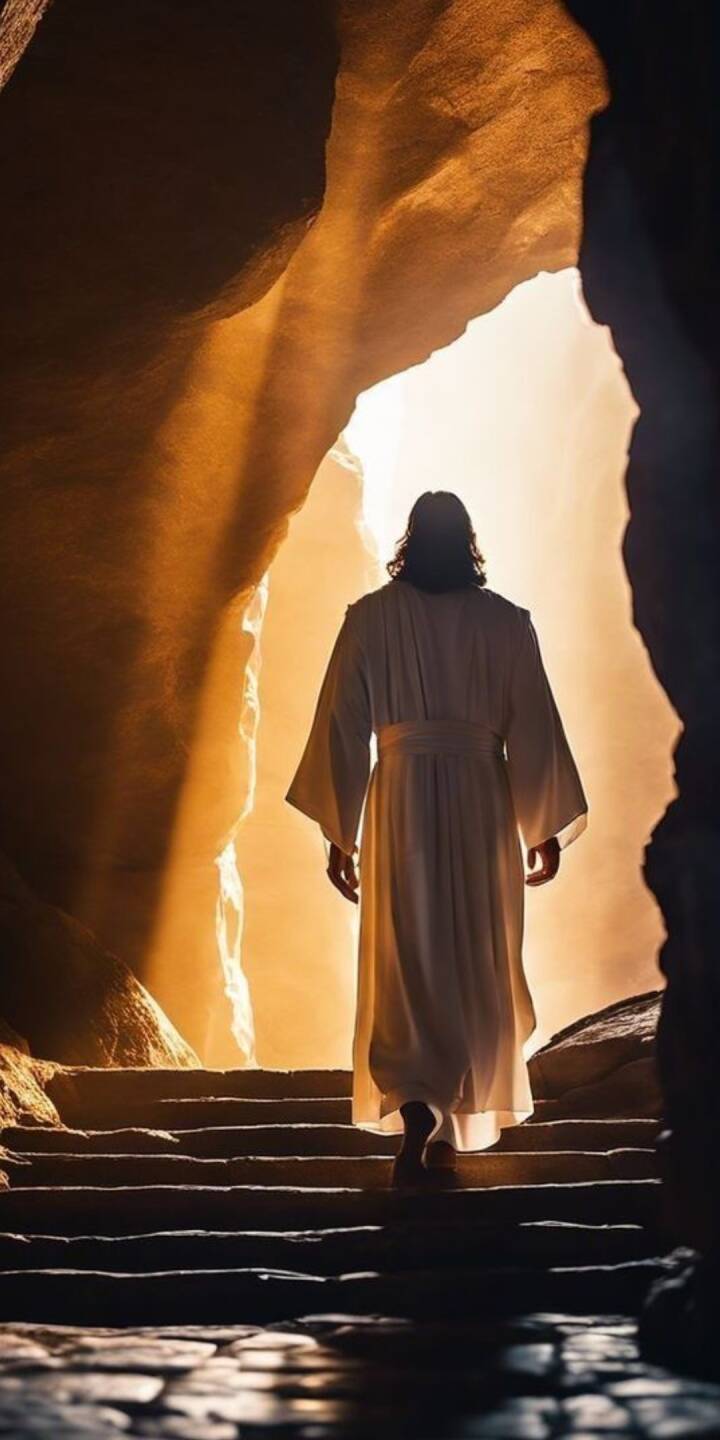 Golden sunlight floods the exit of a dark cave as Jesus, clad in a pristine white robe, steps into the dawn in this inspiring 4K wallpaper. This powerful image makes a perfect spiritual wallpaper for your iPhone. | jesus Golden sunlight floods the exit of a dark cave as Jesus, clad in a pristine white robe, steps into the dawn in this inspiring 4K wallpaper. This powerful image makes a perfect spiritual wallpaper for your iPhone.