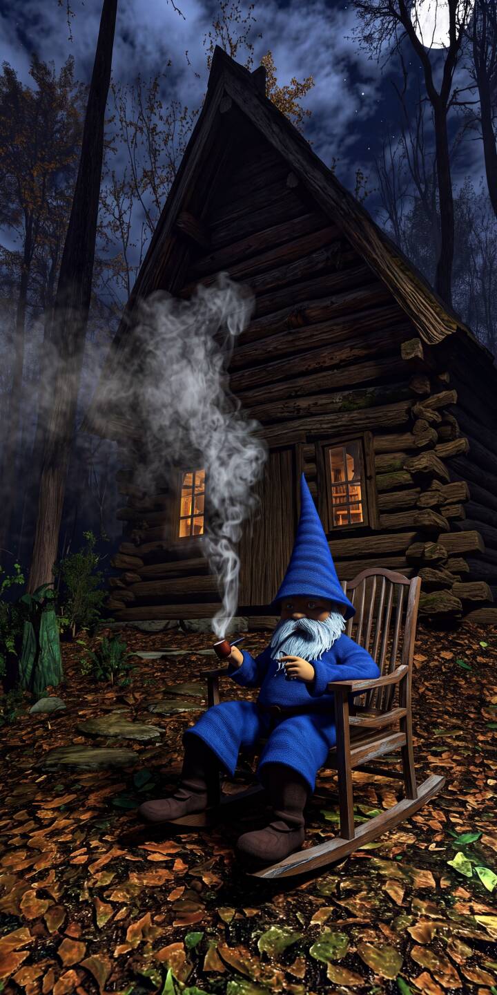 Smoke gently billows from the pipe of a pensive gnome, relaxing in a rocking chair outside his warmly lit log cabin under a clear, starry night sky in this charming 4K wallpaper. This atmospheric wallpaper is perfect for personalizing your iPhone. | iphone fantasy cozy wallpaper mobile 4k wallpaper hd wallpaper night scene log cabin gnome dwarf Smoke gently billows from the pipe of a pensive gnome, relaxing in a rocking chair outside his warmly lit log cabin under a clear, starry night sky in this charming 4K wallpaper. This atmospheric wallpaper is perfect for personalizing your iPhone.