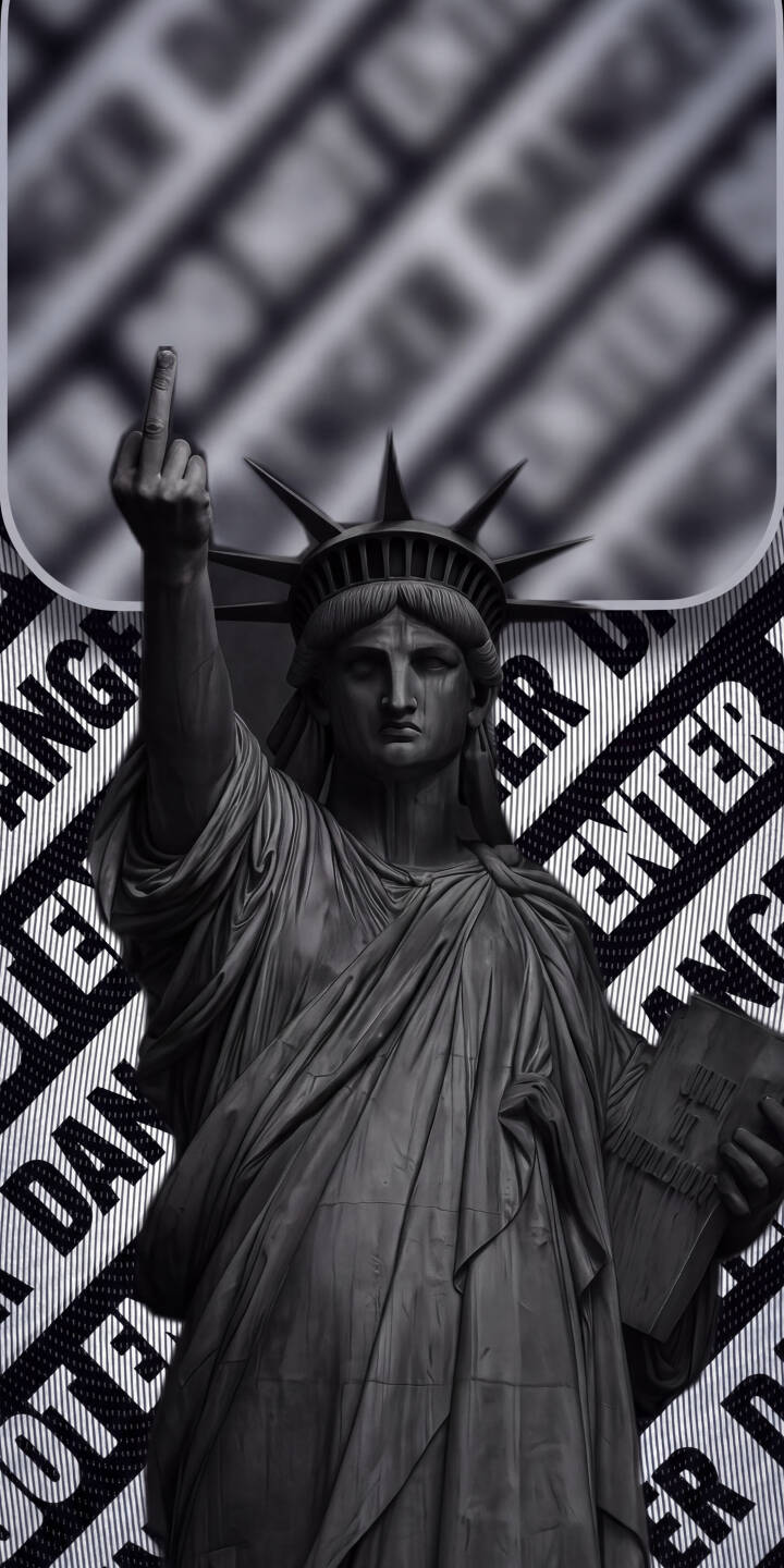 The iconic Lady Liberty defiantly raises a middle finger in this striking, monochromatic 4K wallpaper, set against a backdrop of bold 'DANGER' text patterns â an edgy wallpaper statement for iPhone users. | aesthetic dark iphone wallpaper mobile 4k wallpaper hd wallpaper monochromatic rebellious statue of liberty lady liberty middle finger The iconic Lady Liberty defiantly raises a middle finger in this striking, monochromatic 4K wallpaper, set against a backdrop of bold 'DANGER' text patterns â an edgy wallpaper statement for iPhone users.