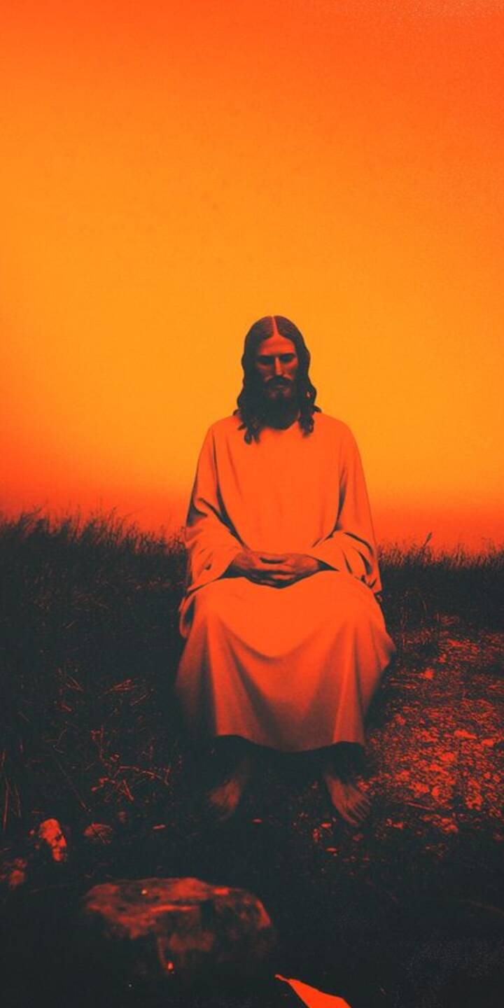 An intense gradient of fiery orange and deep red paints the background as a serene, long-haired figure resembling Jesus meditates in this captivating 4K wallpaper; a peaceful choice for your iPhone wallpaper collection. | jesus An intense gradient of fiery orange and deep red paints the background as a serene, long-haired figure resembling Jesus meditates in this captivating 4K wallpaper; a peaceful choice for your iPhone wallpaper collection.