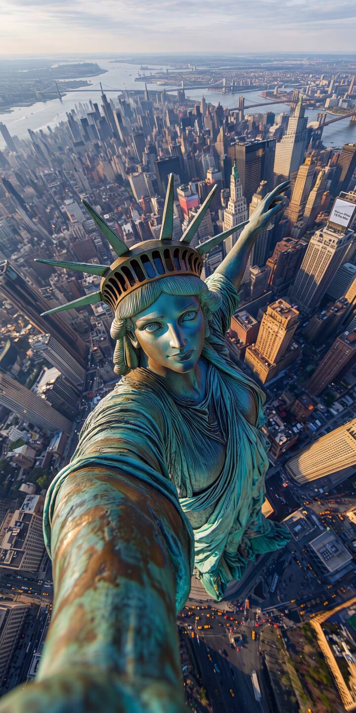 The iconic Statue of Liberty captures a striking high-angle selfie, with her verdigris-covered arm extended over the sprawling, vibrant 4K New York City skyline below. This captivating urban landmark wallpaper offers a unique perspective of freedom and metropolis, perfect as a wallpaper for iPhone. | selfie landmark iphone wallpaper mobile new york city nyc 4k wallpaper hd wallpaper cityscape statue of liberty lady liberty The iconic Statue of Liberty captures a striking high-angle selfie, with her verdigris-covered arm extended over the sprawling, vibrant 4K New York City skyline below. This captivating urban landmark wallpaper offers a unique perspective of freedom and metropolis, perfect as a wallpaper for iPhone.