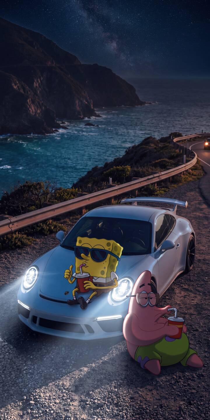Perched on a sleek white Porsche, Spongebob Squarepants sips a drink alongside a relaxed Patrick Star, set against a stunning 4K coastal road and starry night sky backdrop — a perfect wallpaper for iPhone. | cartoon aesthetic spongebob night sky patrick iphone porsche wallpaper mobile 4k wallpaper hd wallpaper coastal Perched on a sleek white Porsche, Spongebob Squarepants sips a drink alongside a relaxed Patrick Star, set against a stunning 4K coastal road and starry night sky backdrop — a perfect wallpaper for iPhone.