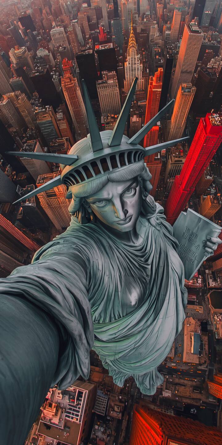 The iconic Statue of Liberty takes a breathtaking selfie high above the stunning New York City skyline, captured in this vibrant 4K wallpaper. This unique perspective makes a perfect iPhone wallpaper, showcasing Lady Liberty's stoic gaze against the warm evening cityscape. | selfie iphone wallpaper mobile new york city nyc 4k wallpaper hd wallpaper cityscape statue of liberty lady liberty The iconic Statue of Liberty takes a breathtaking selfie high above the stunning New York City skyline, captured in this vibrant 4K wallpaper. This unique perspective makes a perfect iPhone wallpaper, showcasing Lady Liberty's stoic gaze against the warm evening cityscape.