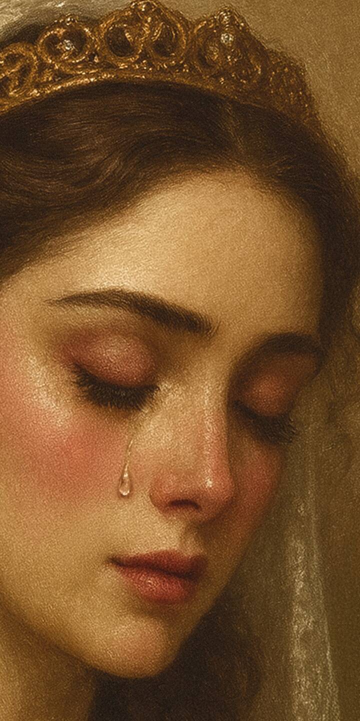A single glistening tear falls down a queen's cheek, eyes softly closed, beneath a regal golden crown in this emotional 4K wallpaper. This deeply evocative portrait makes for a stunning wallpaper on your iPhone. | maryme A single glistening tear falls down a queen's cheek, eyes softly closed, beneath a regal golden crown in this emotional 4K wallpaper. This deeply evocative portrait makes for a stunning wallpaper on your iPhone.