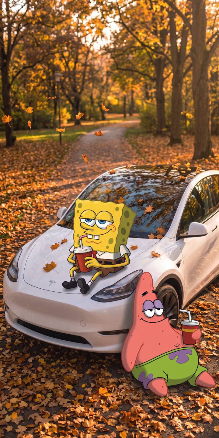Golden autumn leaves blanket the ground and a sleek white Tesla as Spongebob and Patrick enjoy their drinks in this charming 4K wallpaper. This delightful scene makes for a perfect wallpaper on your iPhone, capturing a whimsical fall adventure. | cartoon fall iphone autumn wallpaper tesla patrick star mobile spongebob squarepants 4k wallpaper hd wallpaper nickelodeon Golden autumn leaves blanket the ground and a sleek white Tesla as Spongebob and Patrick enjoy their drinks in this charming 4K wallpaper. This delightful scene makes for a perfect wallpaper on your iPhone, capturing a whimsical fall adventure.