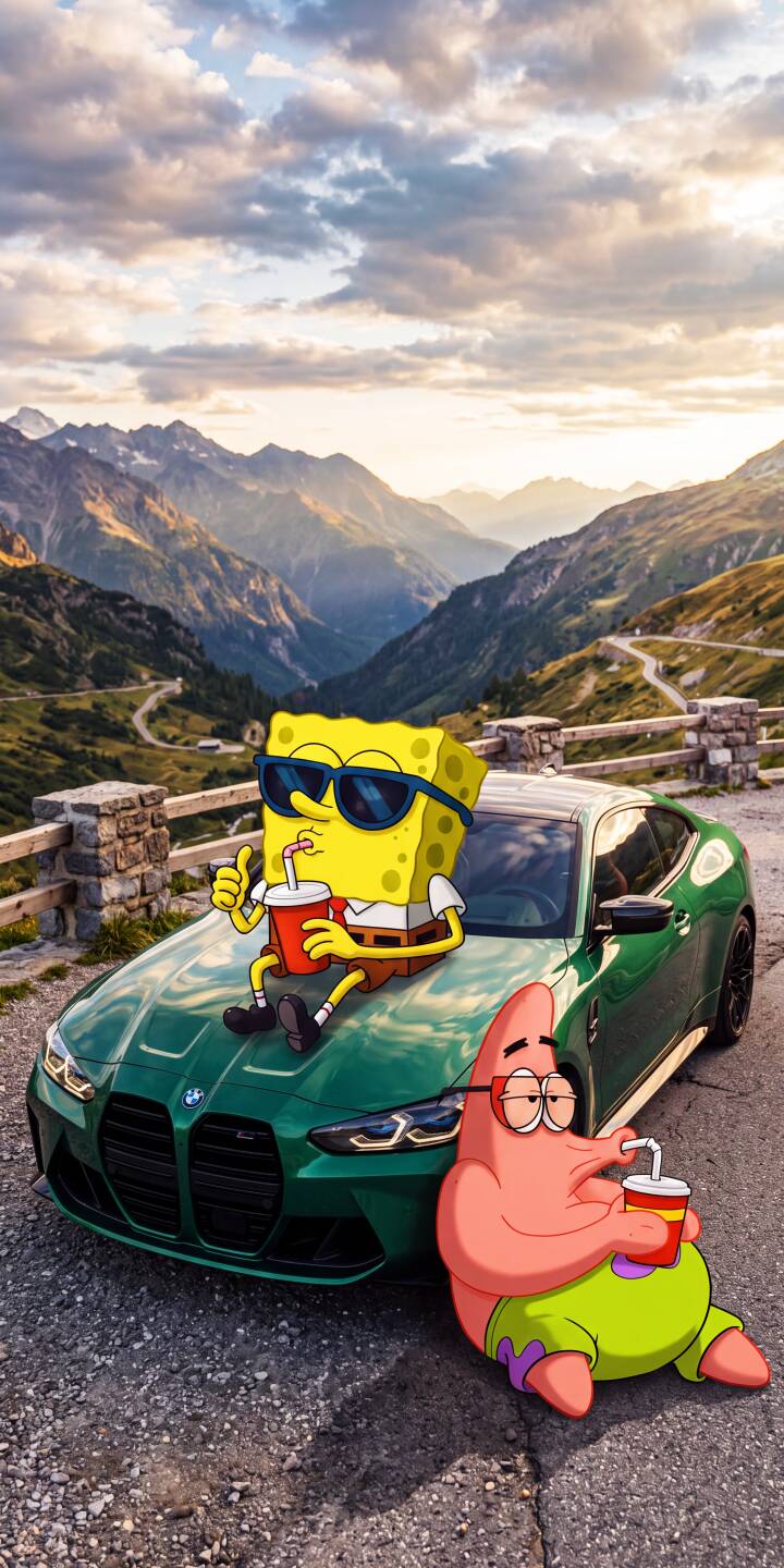 Spongebob sits coolly on the hood of a vibrant green BMW M4, sipping a drink with Patrick Star casually leaning nearby, all against a breathtaking mountain road sunset backdrop in this 4K wallpaper. This delightful and unique scene makes a perfect iPhone wallpaper for fans of the duo. | cartoon aesthetic iphone mountains wallpaper bmw m4 patrick star mobile spongebob squarepants 4k wallpaper hd wallpaper Spongebob sits coolly on the hood of a vibrant green BMW M4, sipping a drink with Patrick Star casually leaning nearby, all against a breathtaking mountain road sunset backdrop in this 4K wallpaper. This delightful and unique scene makes a perfect iPhone wallpaper for fans of the duo.