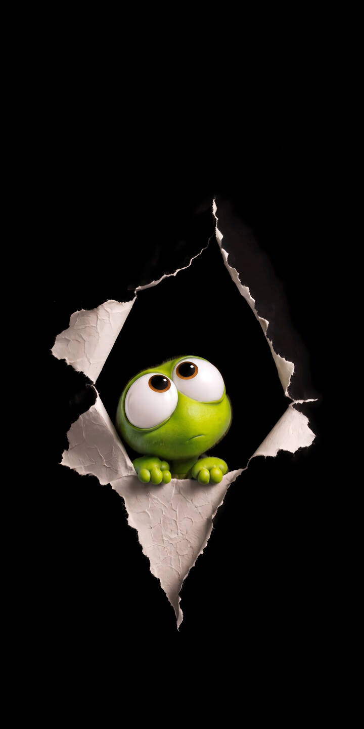 The adorable green creature's big, curious eyes peer through a torn paper-like hole in this striking 4K wallpaper, making it a perfectly charming wallpaper for iPhone screens. | cartoon cute iphone minimalist wallpaper frog big eyes mobile 4k wallpaper hd wallpaper torn paper creature The adorable green creature's big, curious eyes peer through a torn paper-like hole in this striking 4K wallpaper, making it a perfectly charming wallpaper for iPhone screens.