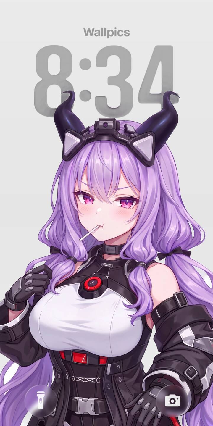 A playful smirk graces the face of this anime girl, her purple hair cascading around futuristic horns, as she enjoys a lollipop in this stunning 4K wallpaper. This tactical outfit wallpaper is perfect for any iPhone user looking for a unique aesthetic. | aesthetic lollipop manga cute iphone wallpaper anime girl purple hair mobile 4k wallpaper hd wallpaper horns A playful smirk graces the face of this anime girl, her purple hair cascading around futuristic horns, as she enjoys a lollipop in this stunning 4K wallpaper. This tactical outfit wallpaper is perfect for any iPhone user looking for a unique aesthetic.
