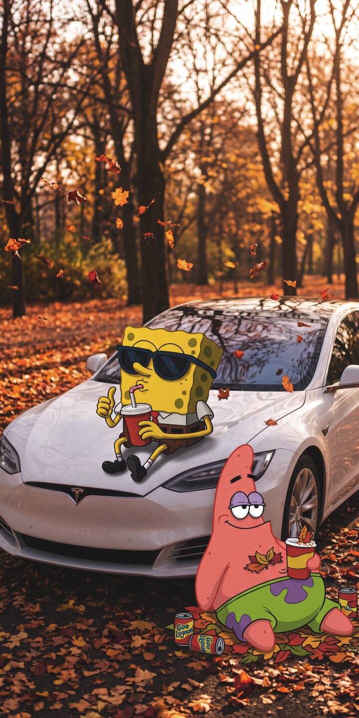 Spongebob, cool in sunglasses, casually sips a drink on a sleek white Tesla while Patrick relaxes amidst vibrant autumn leaves and soda cans in this charming 4K wallpaper, a perfect mobile wallpaper for iPhone. | cartoon aesthetic spongebob iphone autumn wallpaper tesla patrick star mobile 4k wallpaper hd wallpaper nickelodeon Spongebob, cool in sunglasses, casually sips a drink on a sleek white Tesla while Patrick relaxes amidst vibrant autumn leaves and soda cans in this charming 4K wallpaper, a perfect mobile wallpaper for iPhone.