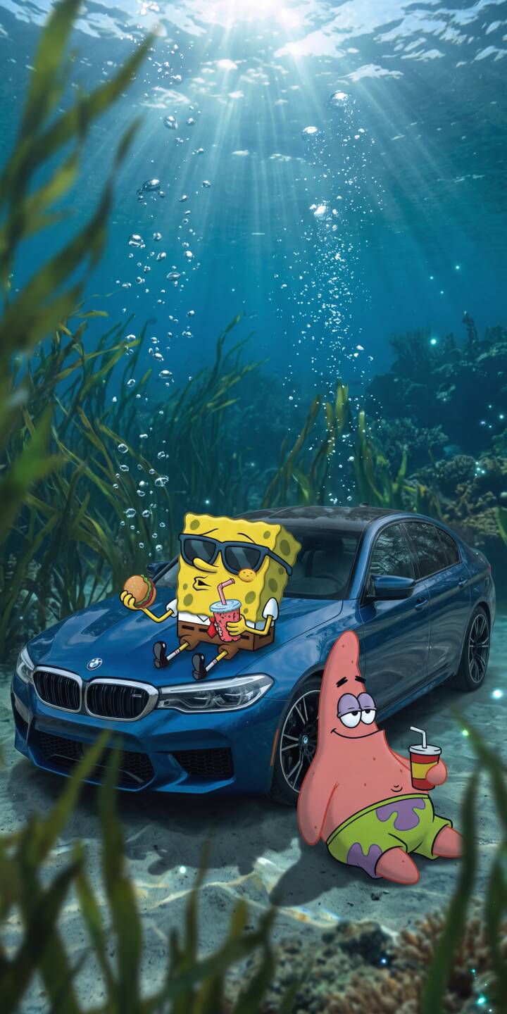 Spongebob Squarepants, wearing cool sunglasses, lounges on a sleek blue BMW underwater with Patrick Star nearby, enjoying drinks in this vibrant 4K wallpaper — a perfect wallpaper for iPhone users seeking a unique and humorous scene. | cartoon aesthetic spongebob underwater iphone wallpaper patrick star mobile spongebob squarepants 4k wallpaper hd wallpaper bmw car Spongebob Squarepants, wearing cool sunglasses, lounges on a sleek blue BMW underwater with Patrick Star nearby, enjoying drinks in this vibrant 4K wallpaper — a perfect wallpaper for iPhone users seeking a unique and humorous scene.