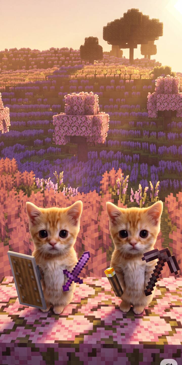 Two adorable orange tabby kittens, clutching tiny pixelated Minecraft tools like a purple sword and shield, stand in a stunning pastel blocky world at sunset in this charming 4K wallpaper. This delightful scene creates a heartwarming wallpaper perfect for your iPhone screen, blending cute felines with iconic gaming elements. | aesthetic minecraft cute iphone gaming cats wallpaper mobile pixel art 4k wallpaper hd wallpaper kittens Two adorable orange tabby kittens, clutching tiny pixelated Minecraft tools like a purple sword and shield, stand in a stunning pastel blocky world at sunset in this charming 4K wallpaper. This delightful scene creates a heartwarming wallpaper perfect for your iPhone screen, blending cute felines with iconic gaming elements.