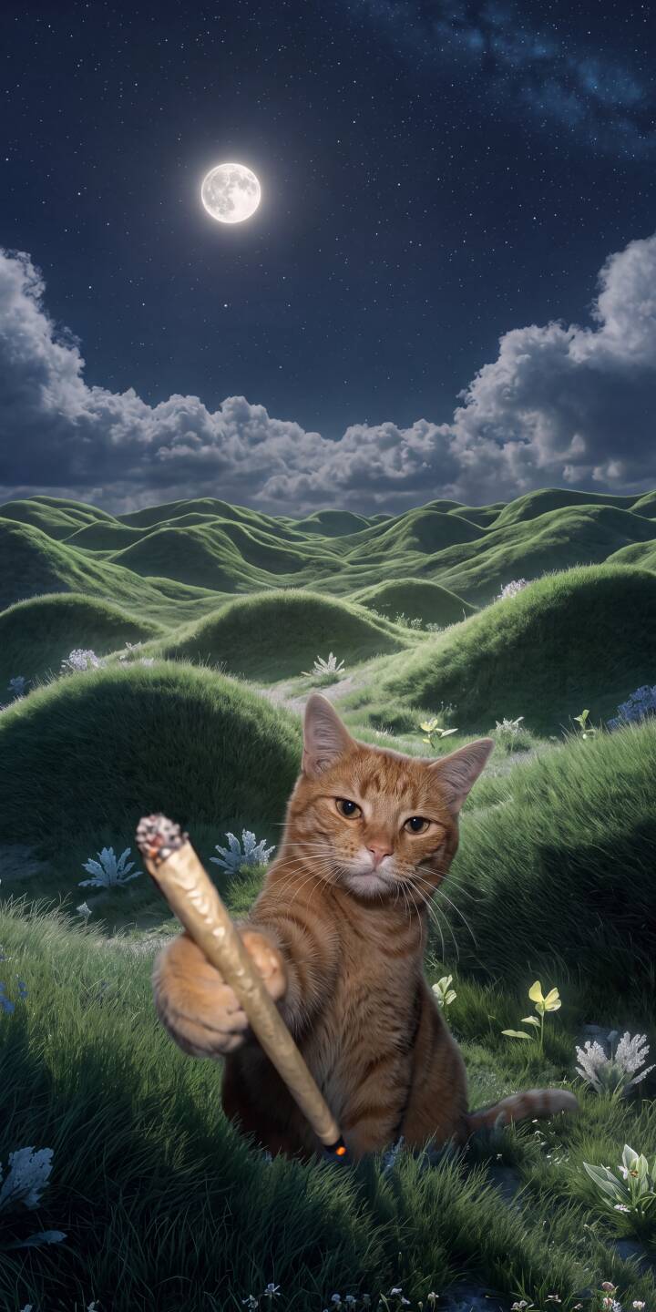 An orange tabby cat offers a lit joint under a bright full moon, set against rolling green hills in this captivating 4K wallpaper. This unique scene makes for a perfect iPhone wallpaper, adding a chill and humorous vibe to your device. | cat moon weed iphone wallpaper chill mobile 4k wallpaper hd wallpaper orange cat tabby cat joint An orange tabby cat offers a lit joint under a bright full moon, set against rolling green hills in this captivating 4K wallpaper. This unique scene makes for a perfect iPhone wallpaper, adding a chill and humorous vibe to your device.