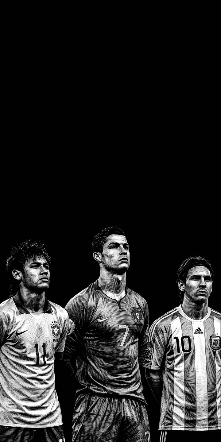 The intense monochrome art style powerfully captures football legends Neymar, Cristiano Ronaldo, and Lionel Messi looking up pensive against a stark black background in this striking 4K wallpaper. This iconic trio wallpaper is a must-have for any iPhone showcasing these unparalleled athletes. | football iphone soccer wallpaper neymar cristiano ronaldo legends lionel messi mobile 4k wallpaper hd wallpaper monochrome The intense monochrome art style powerfully captures football legends Neymar, Cristiano Ronaldo, and Lionel Messi looking up pensive against a stark black background in this striking 4K wallpaper. This iconic trio wallpaper is a must-have for any iPhone showcasing these unparalleled athletes.